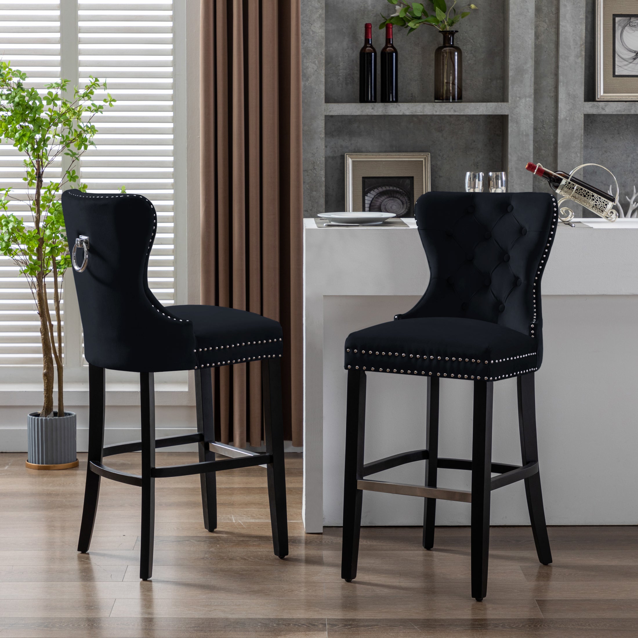 Hank 29" Tufted Velvet Bar Stool (Set of 2), Black