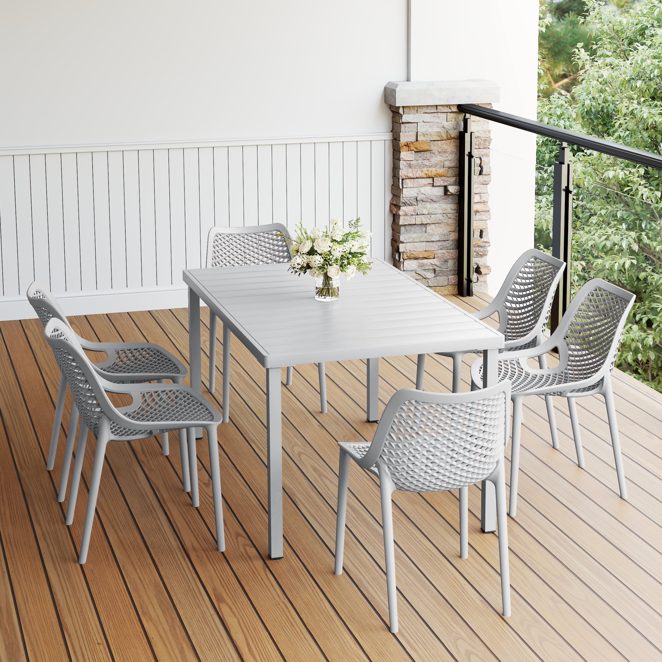 Sunshine 7-Piece Outdoor Metal Patio Dining Table Set With Stackable Patio Chairs