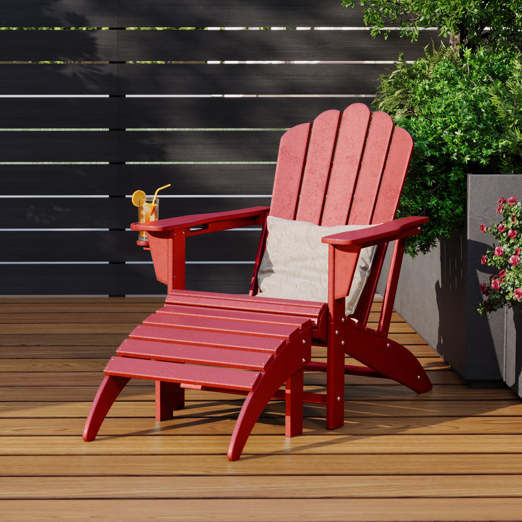 Lakeview 2-Piece Outdoor Patio HDPE Adirondack Chair With Ottoman and Cup Holder Set