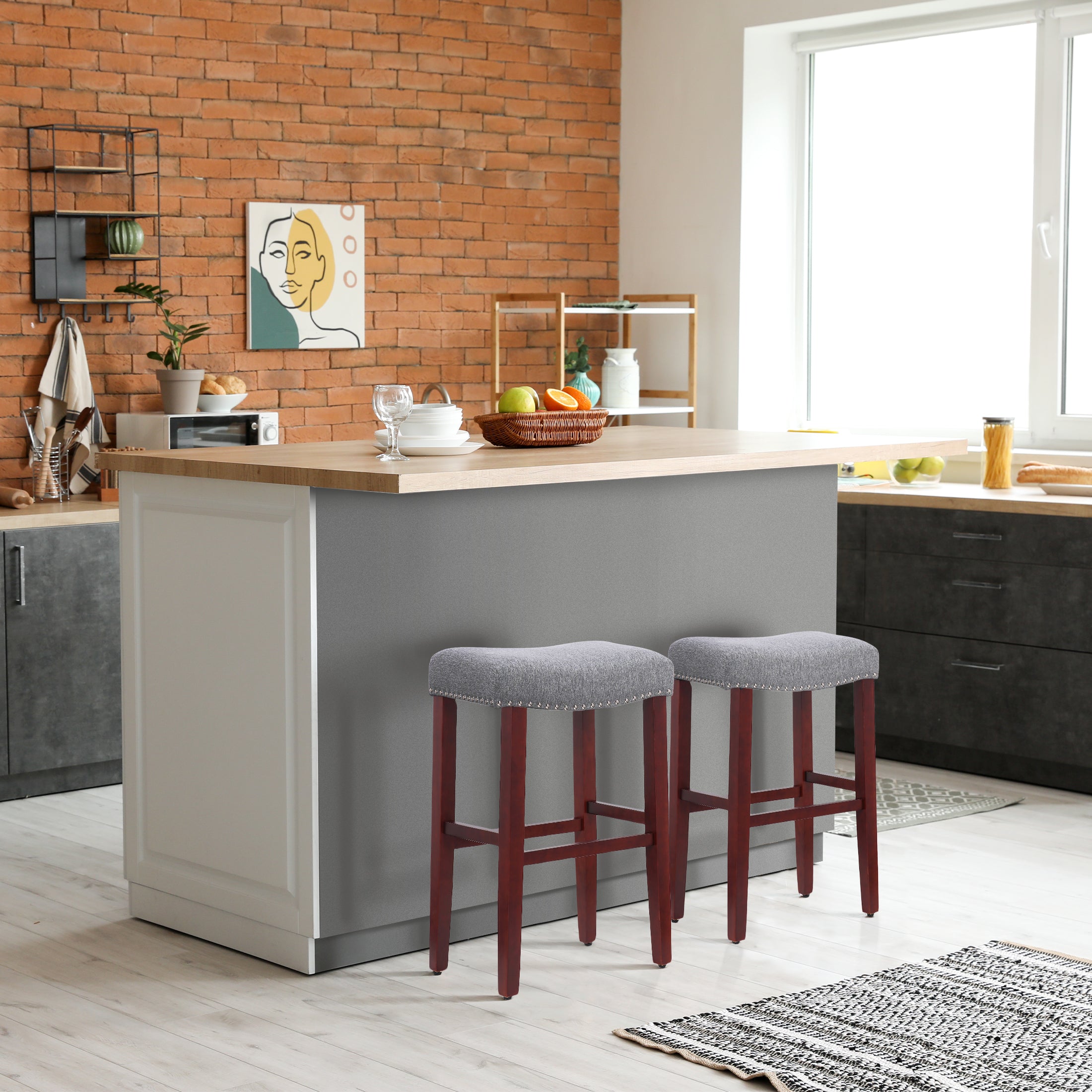 Bulmon 29" upholstered nail head bar counter stools with Cherry Red color legs (2 piece set)