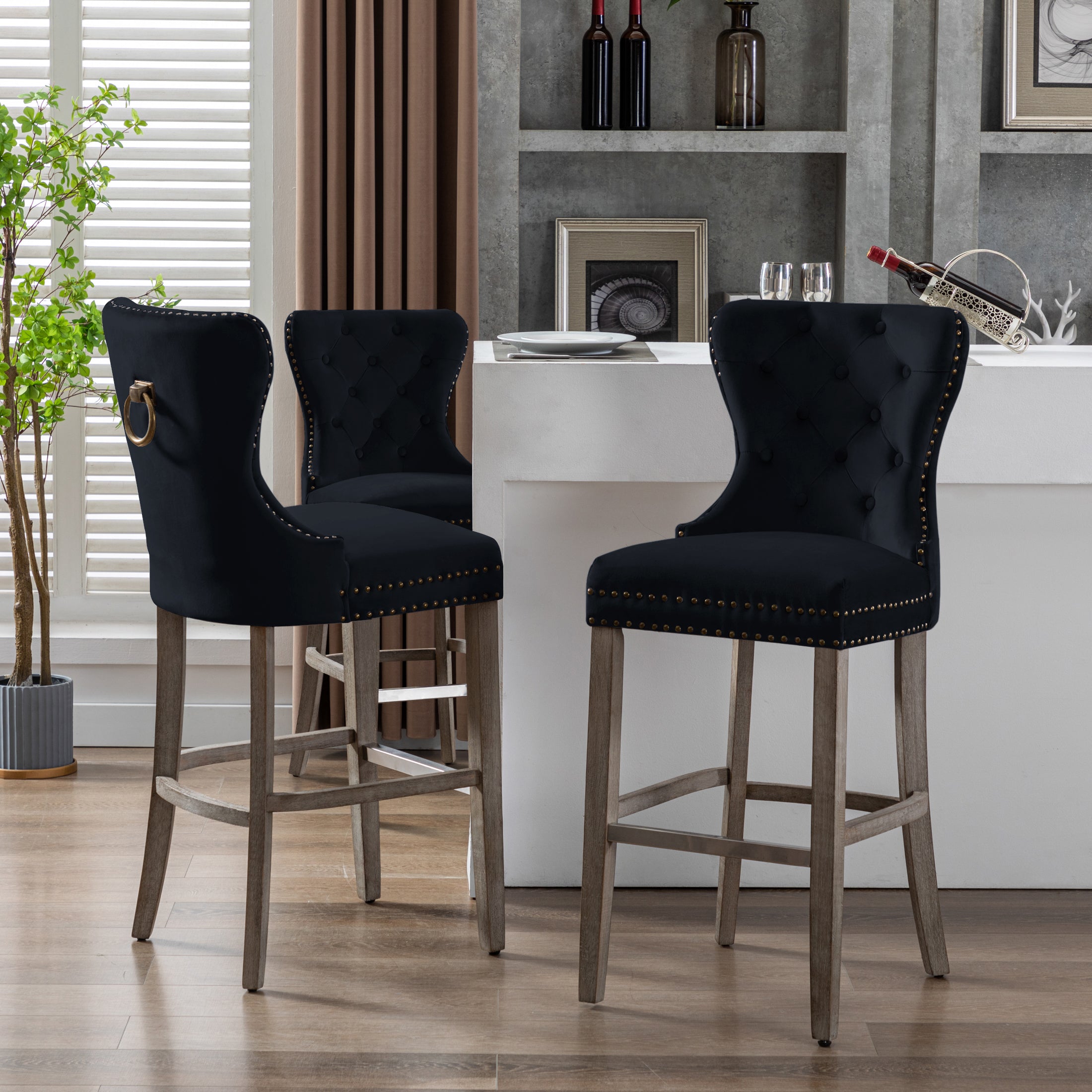 Hank 29" Tufted Velvet Bar Stool (Set of 3), Antique Gray