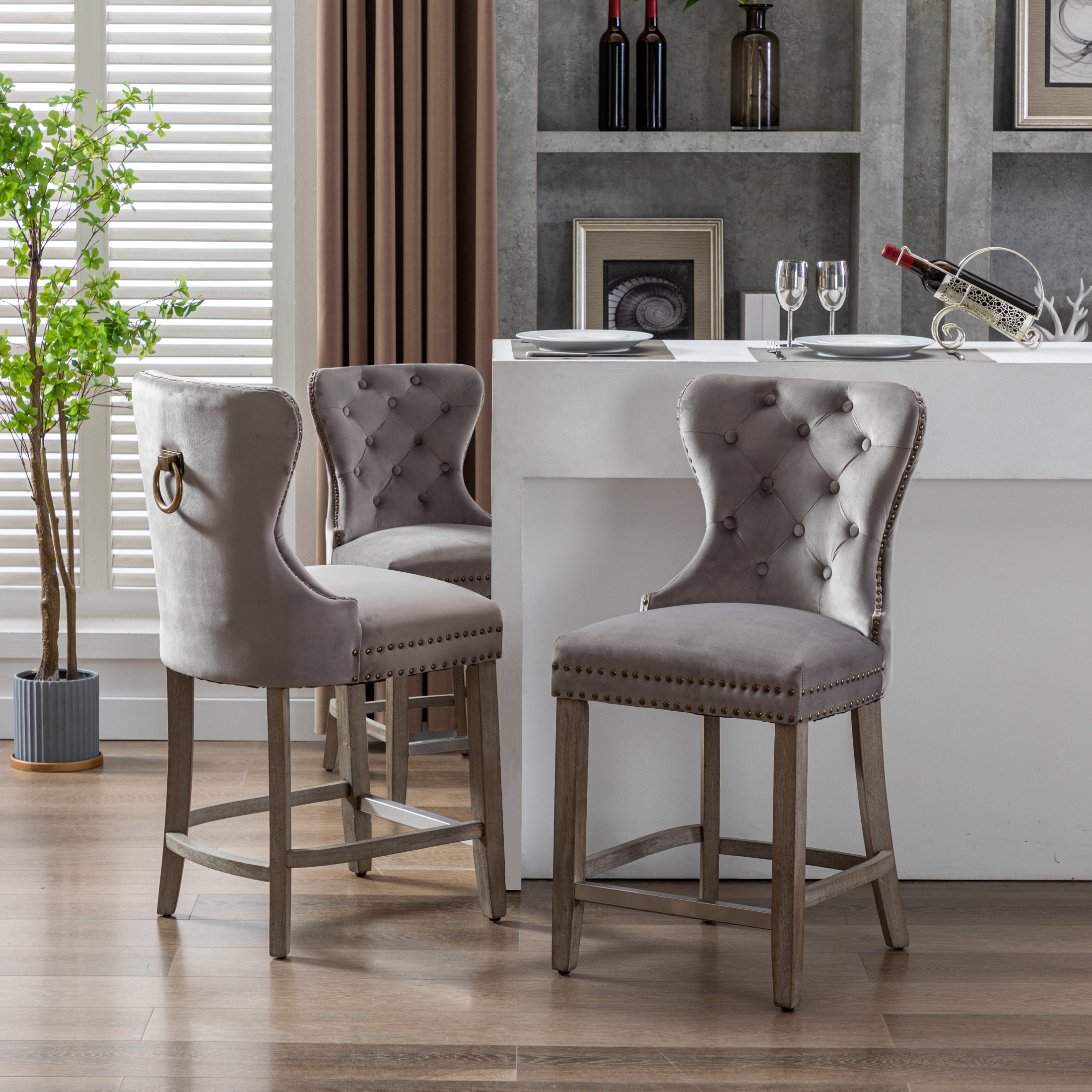 Hank 24" Tufted Velvet Counter Stool (Set of 3)