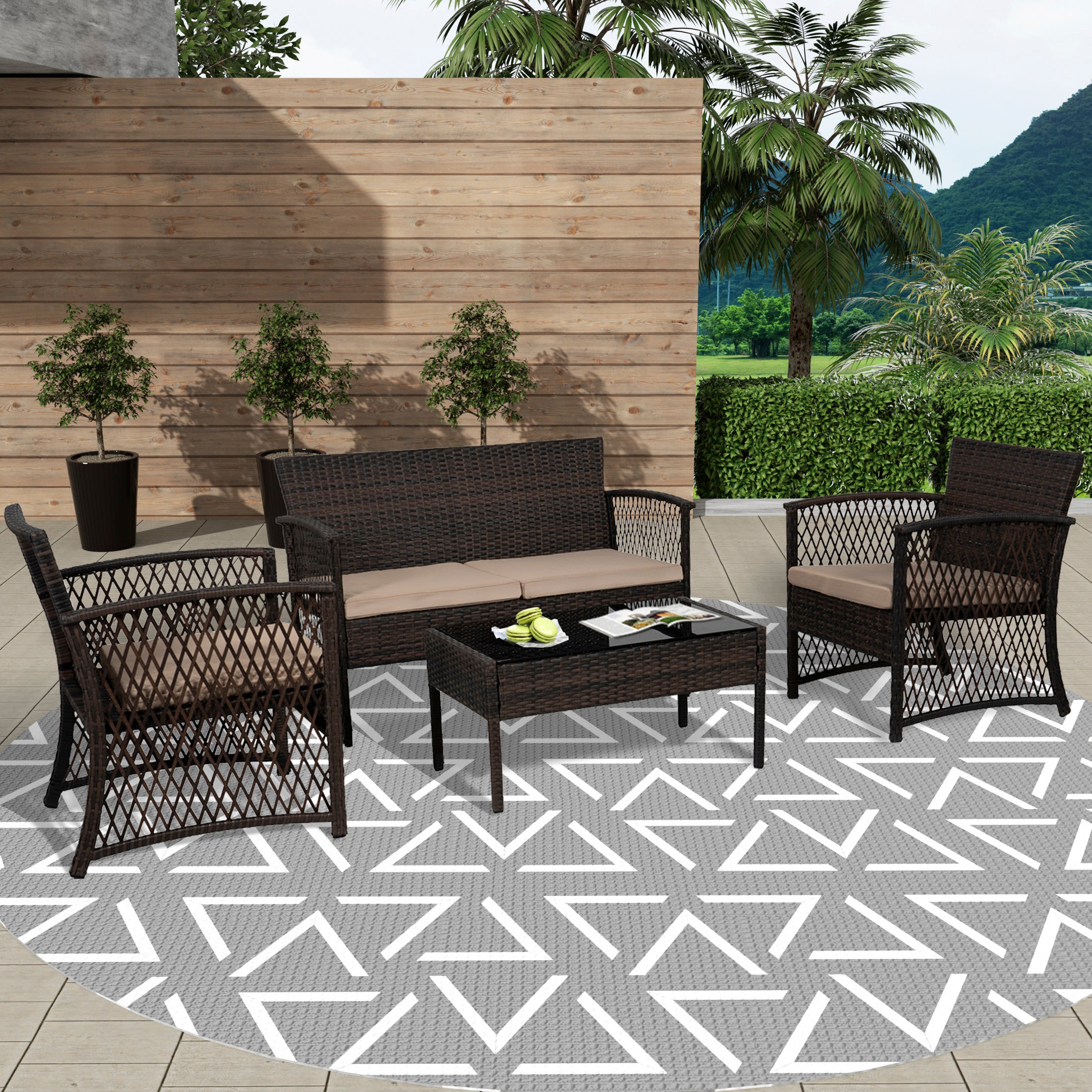 Estela 4-Piece set Coffee color base Outdoor / Patio Woven Rattan Conversation Sofa set with cushions a Coffee table ( 4 seater )