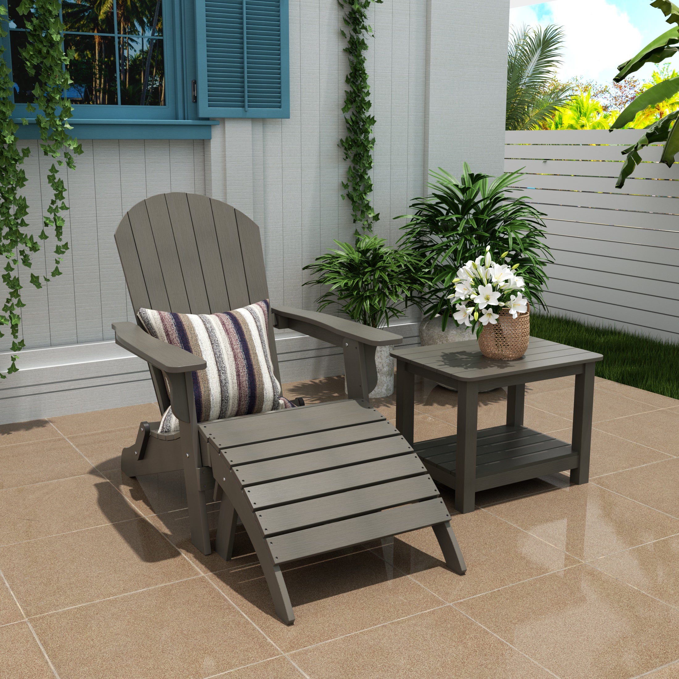 Florence 3-Piece HIPS Outdoor Folding Adirondack Seashell Chair With Folding Ottoman And Side Table