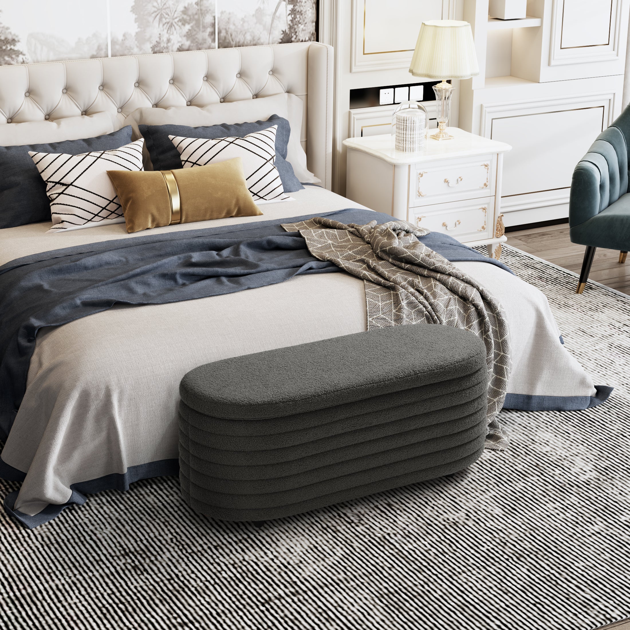 Celine 42" Wide Mid-Century Modern Upholstered Teddy Sherpa Tufted Oval Storage Ottoman Bench