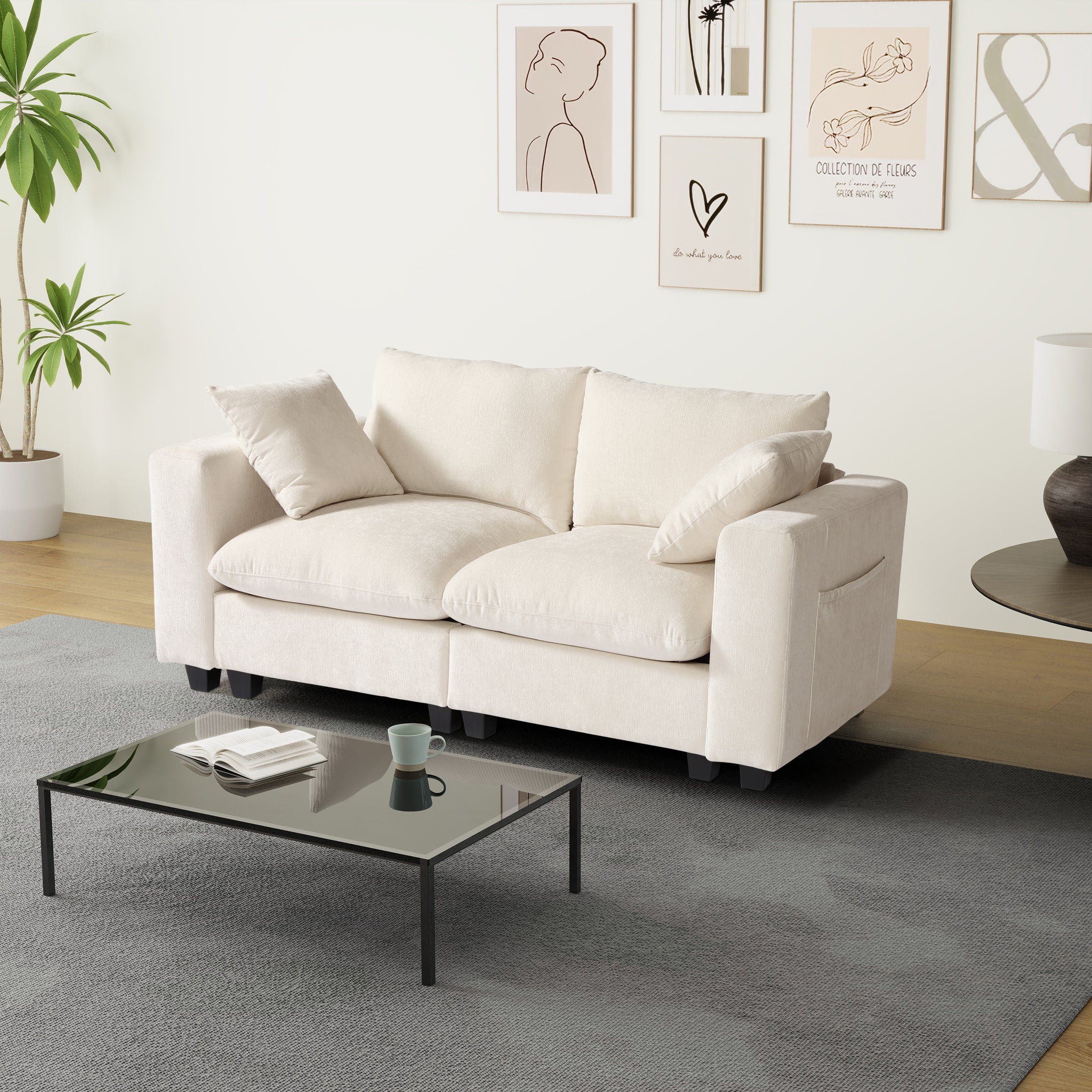 Springfield 70" Modular Chenille Loveseat Sofa With USB/Type-C Ports and Side Pockets