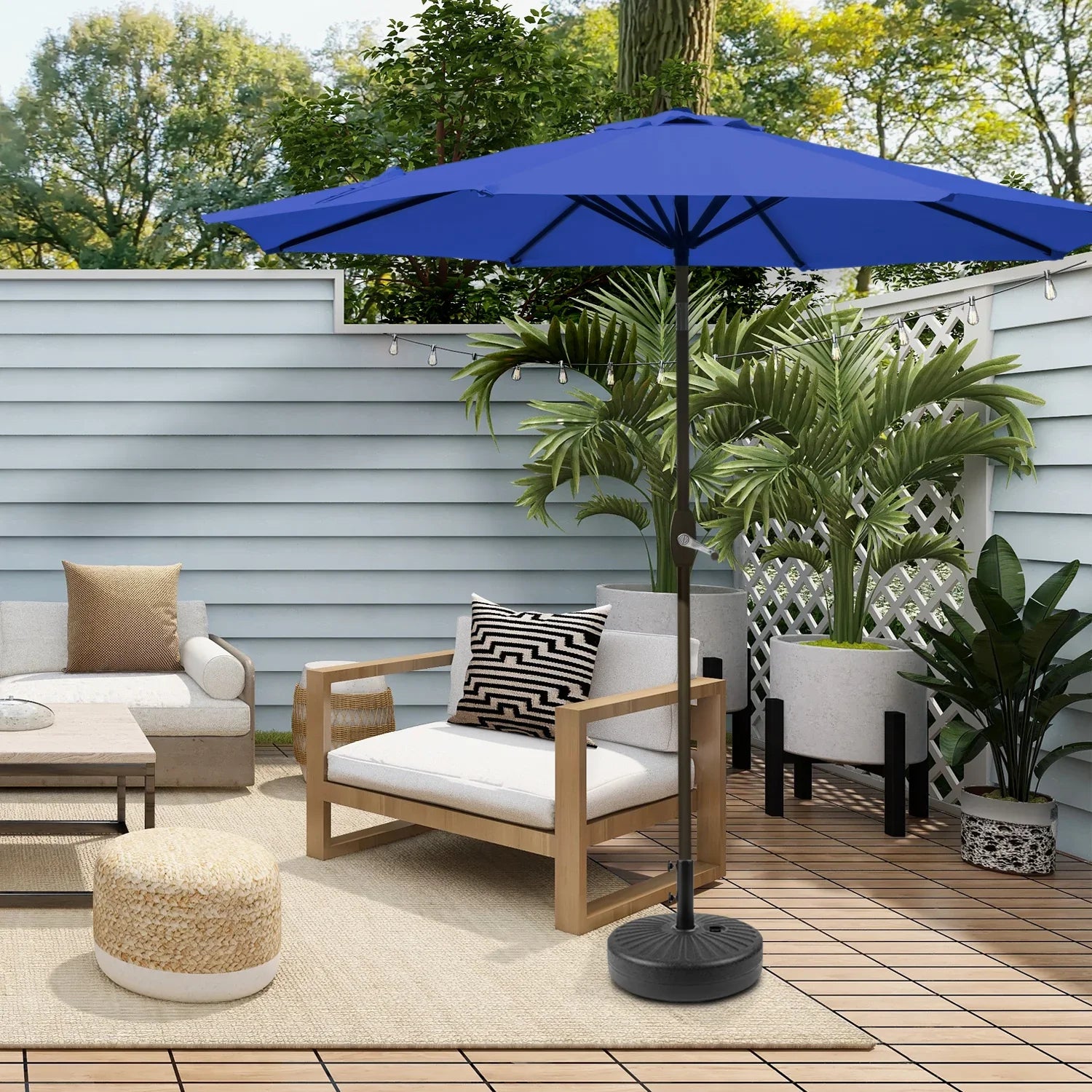 CABANA 9 Ft Patio Umbrella with Black Round Base Weight Included, Black/White Stripe