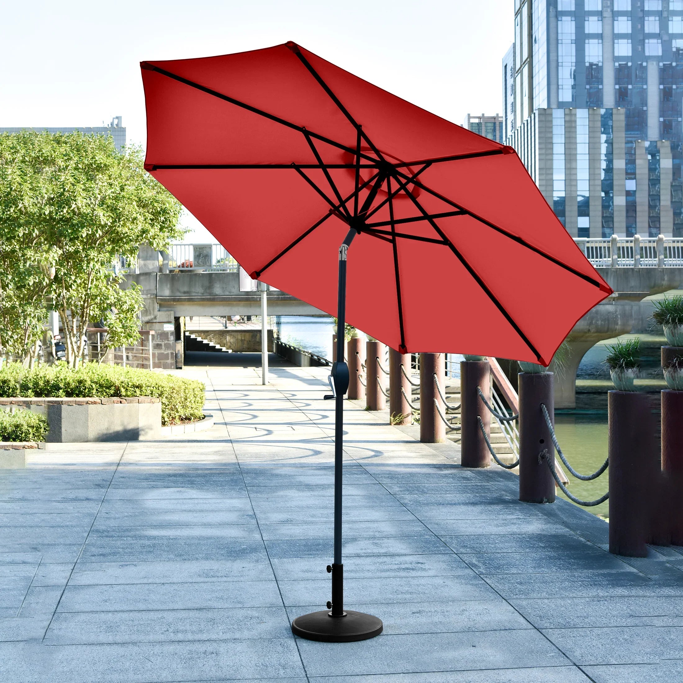 CABANA 9 Ft Patio Umbrella with Round Resin Concrete Base Weight Included, Gray