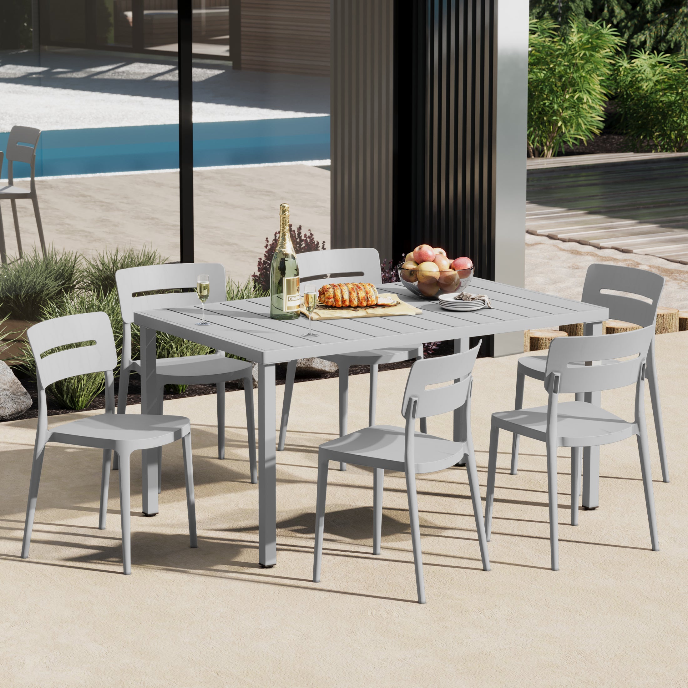 Sunshine 7-Piece Outdoor Rectangular Metal Patio Dining Table Set With Stackable Patio Chairs