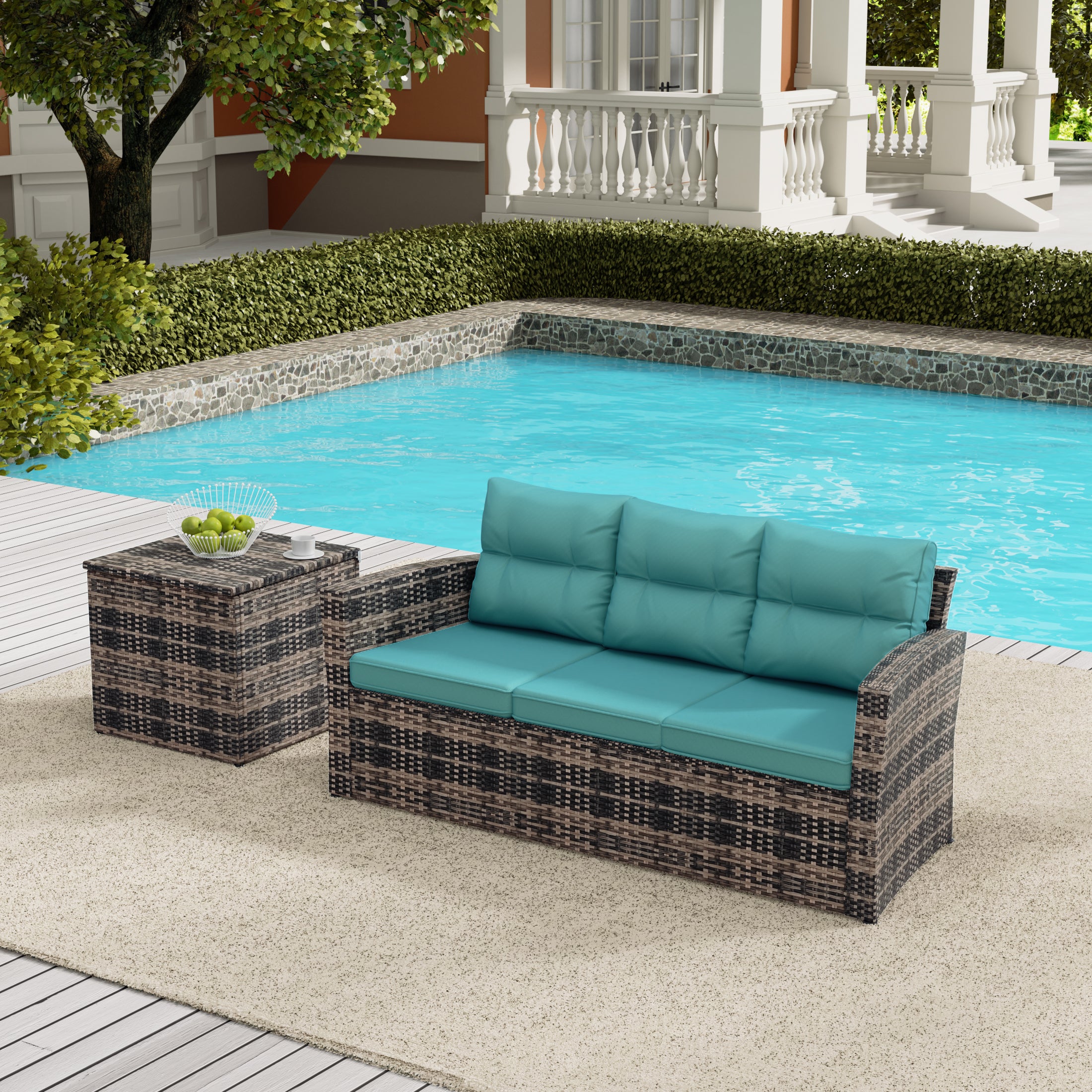 Maldives 2-Piece PE Rattan Wicker Outdoor Sofa with Cushions Side Table Set