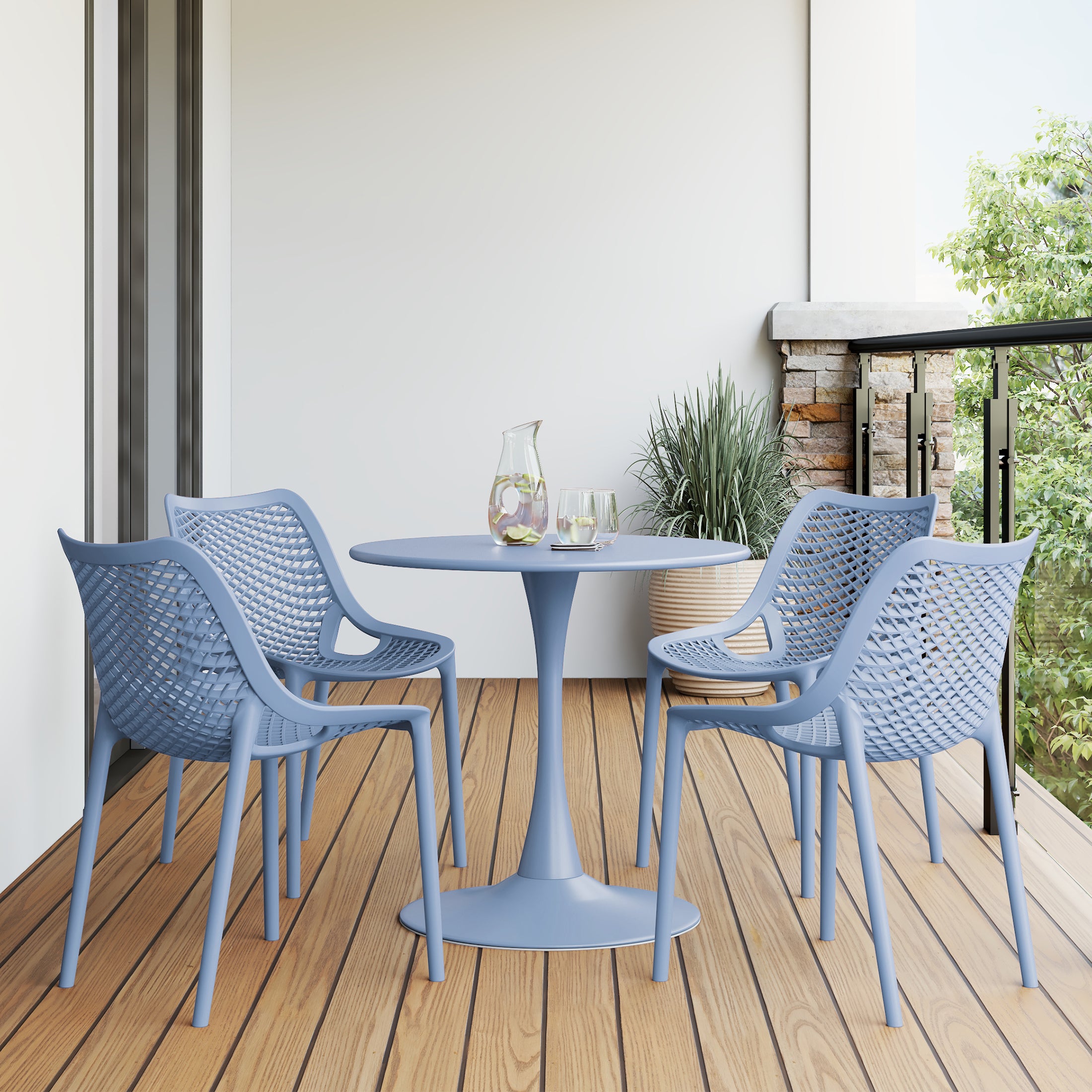 Sunshine 5-Piece Outdoor Indoor Round Metal Dining Table Set And Stackable Resin Patio Dining Side Chairs