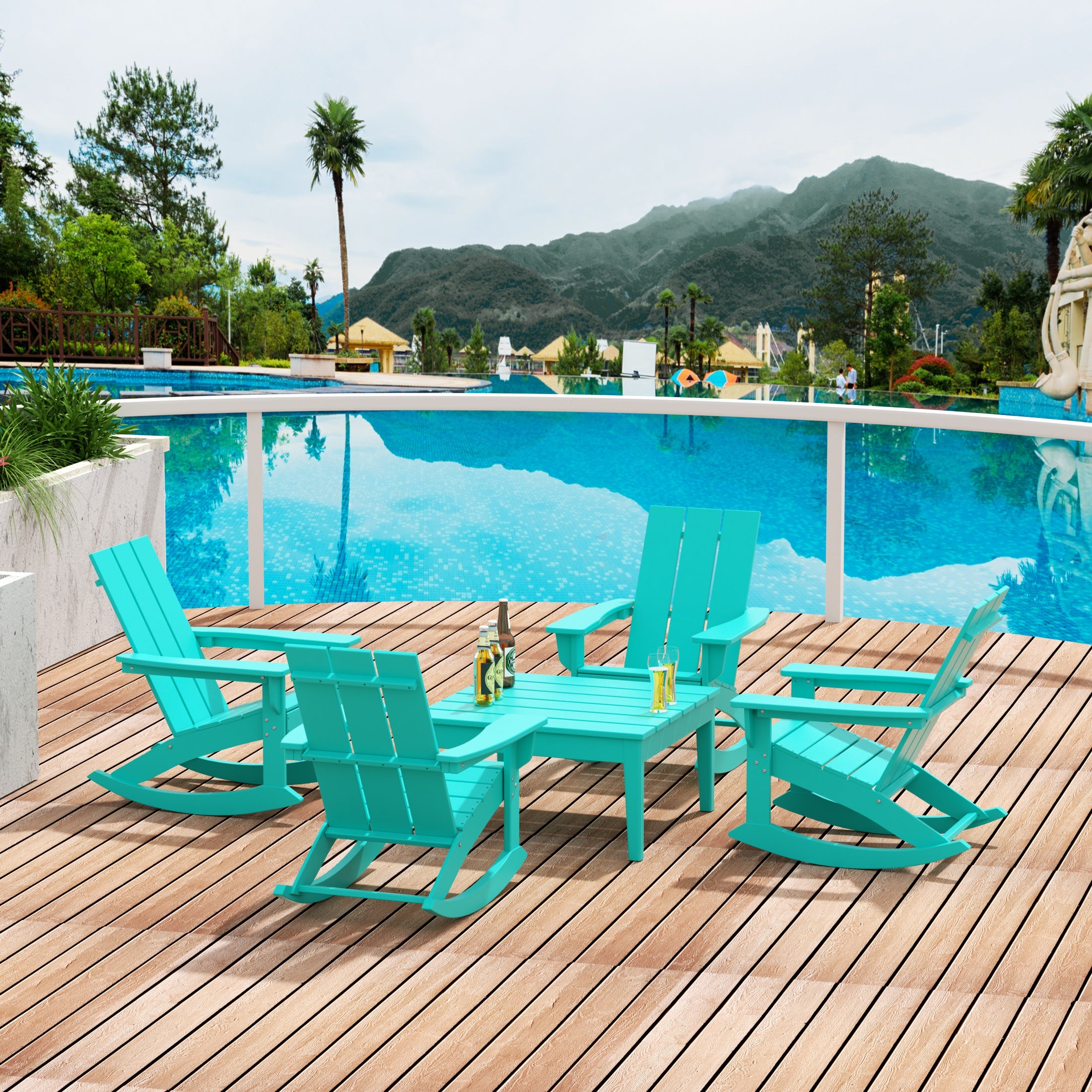 Palms 5-Piece Set Modern Plastic Outdoor Rocking Chairs with Square Side Table