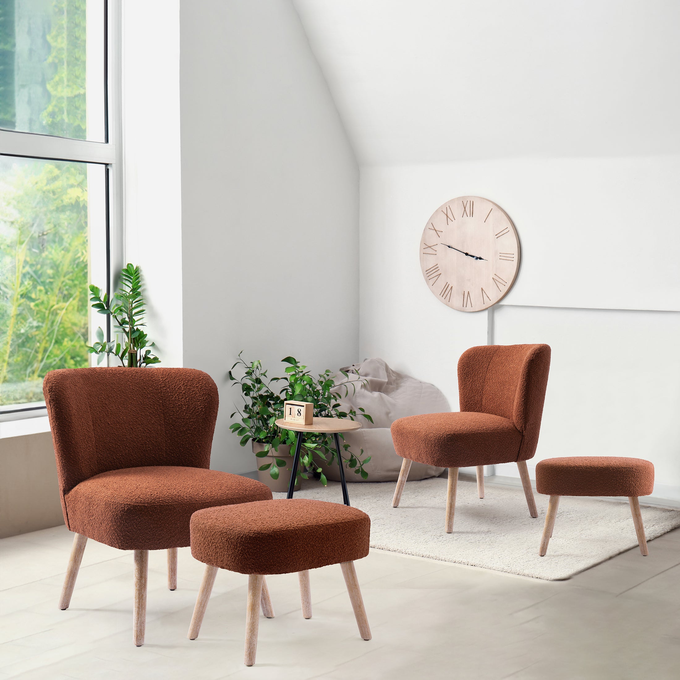 Amélie 4-Piece Set Mid-Century Boucle Accent Chairs with Ottoman Foot Stools