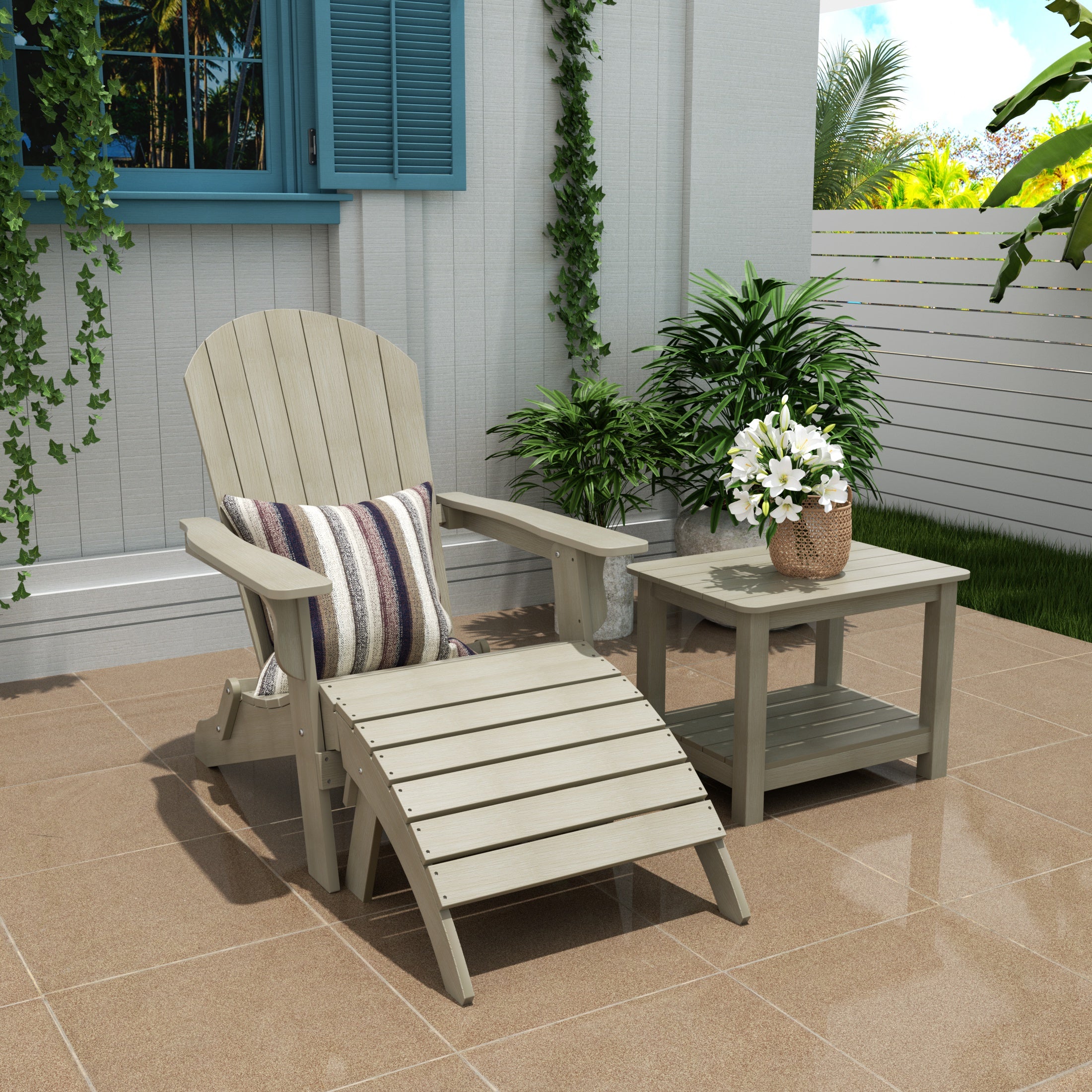 Florence 3-Piece HIPS Outdoor Folding Adirondack Seashell Chair With Folding Ottoman And Side Table