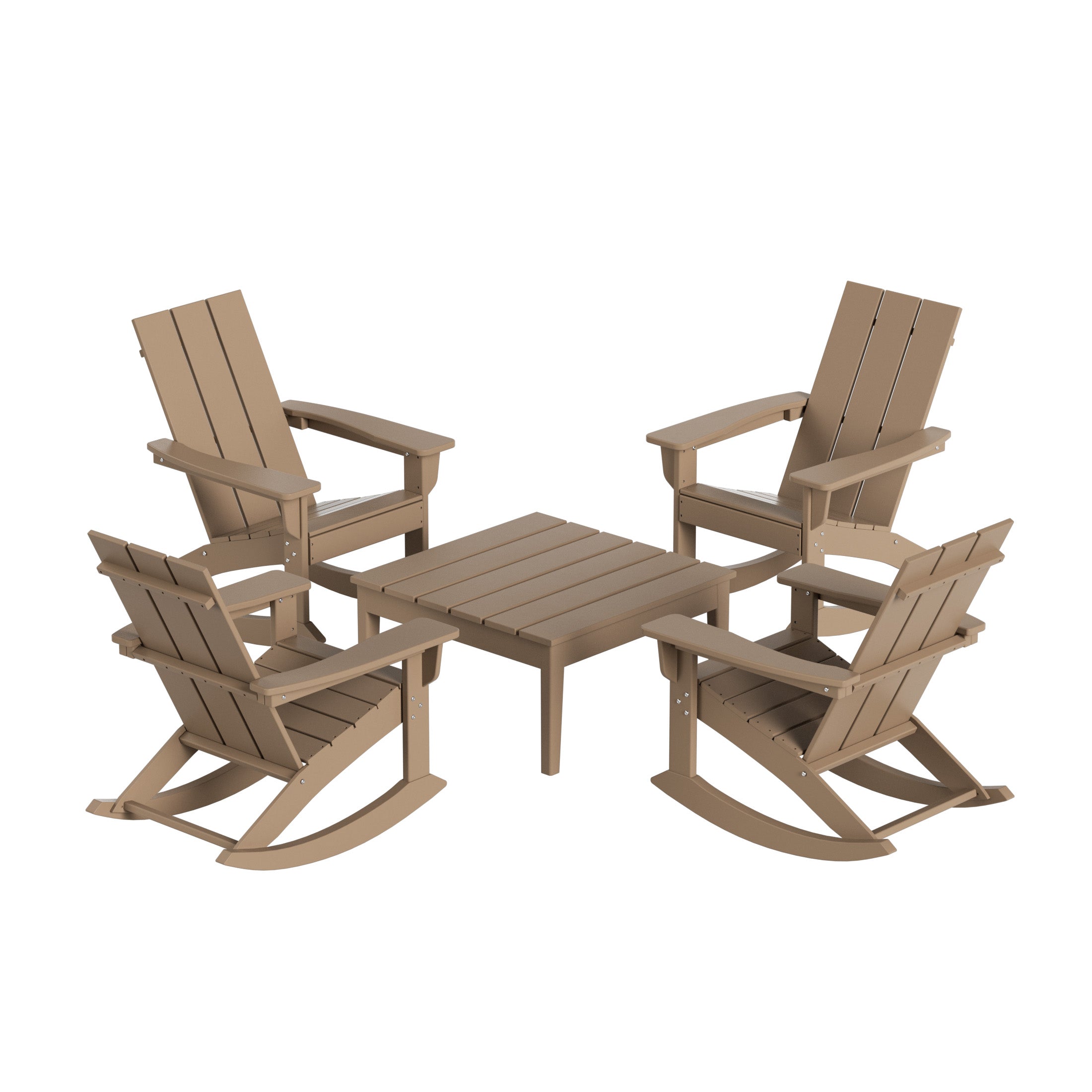 Palms 5-Piece Set Modern Plastic Outdoor Rocking Chairs with Square Side Table