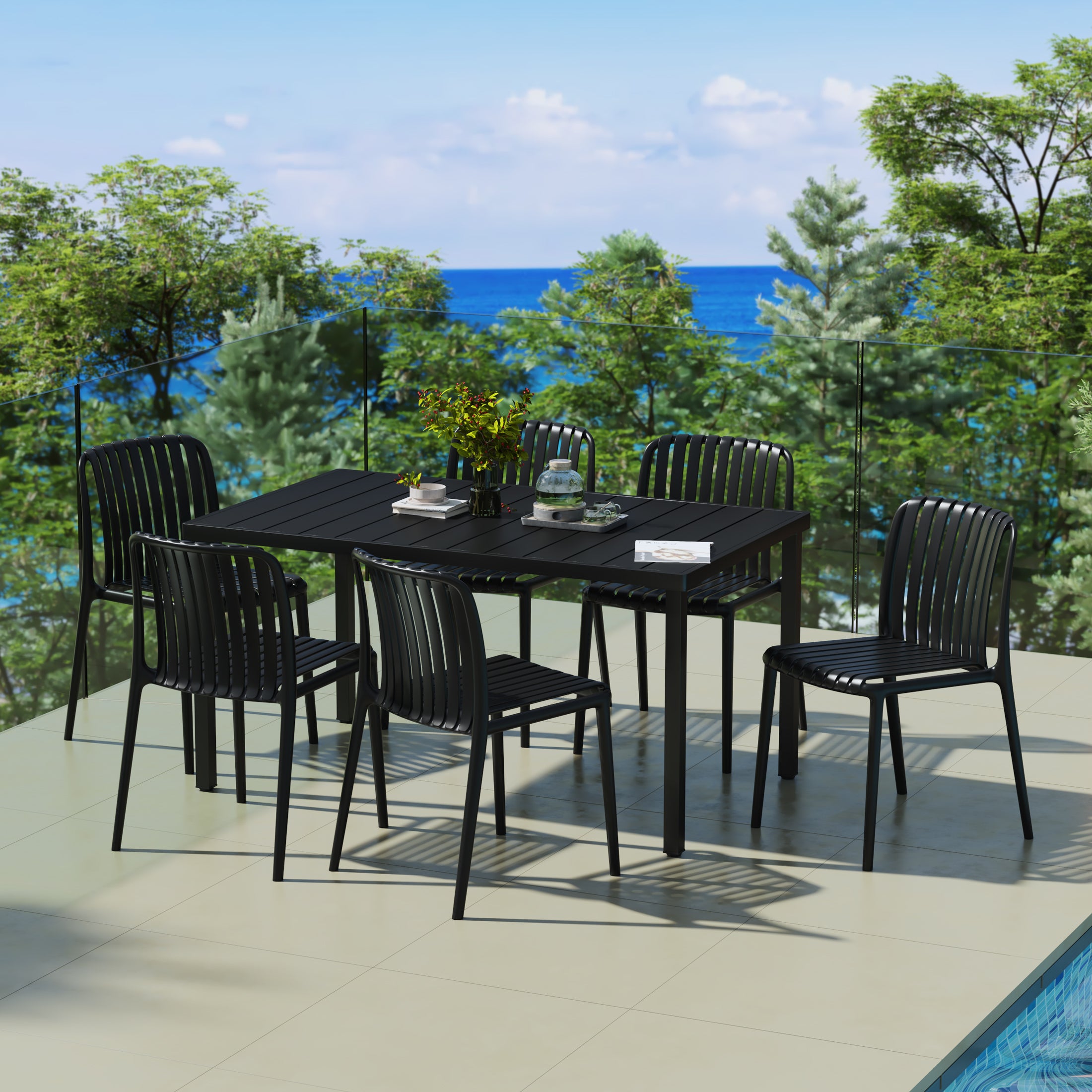 Sunshine 7-Piece Outdoor Patio Dining Table Set With Stackable Patio Chairs