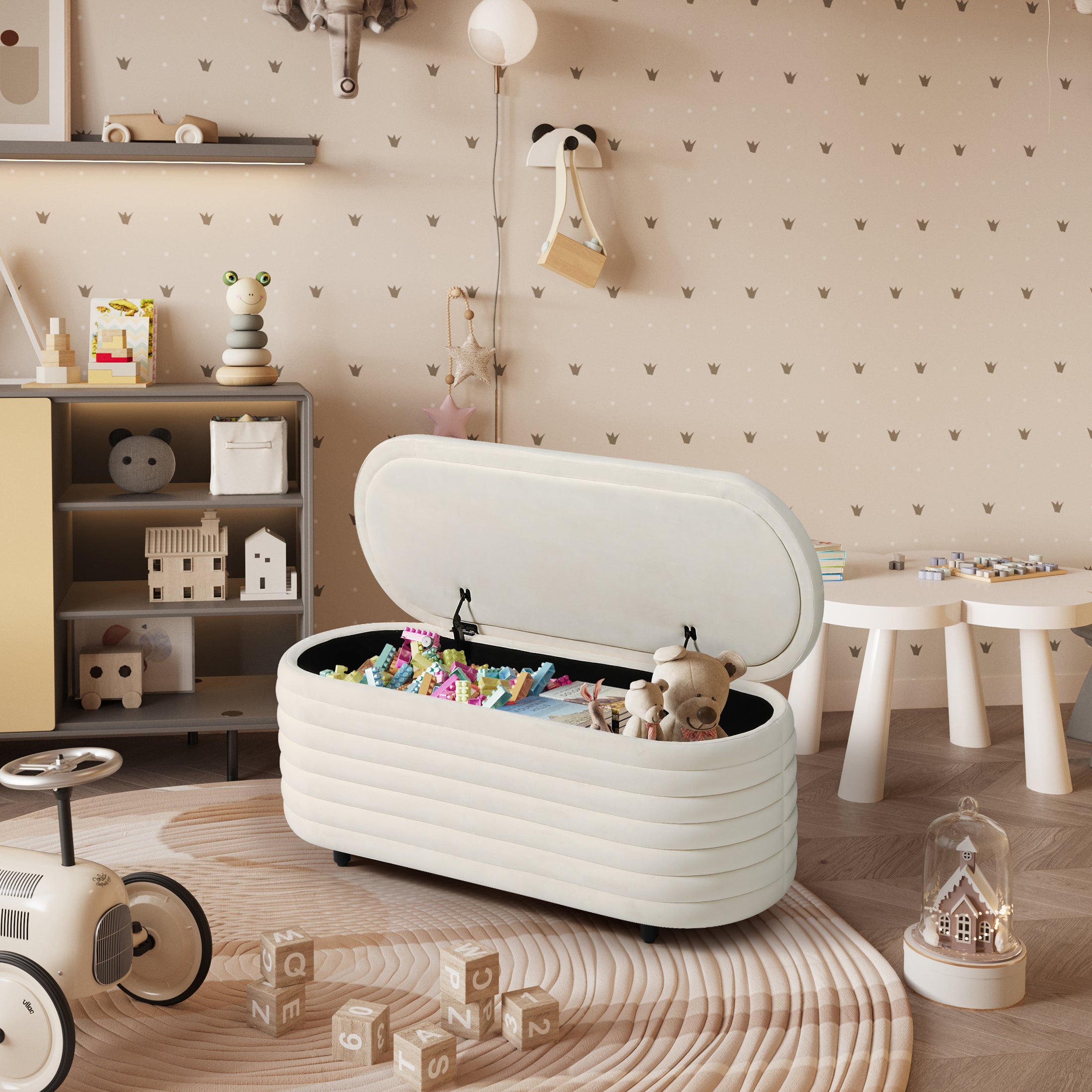 Alaia 42" Wide Mid-Century Modern Upholstered Velvet Tufted Oval Storage Ottoman Bench