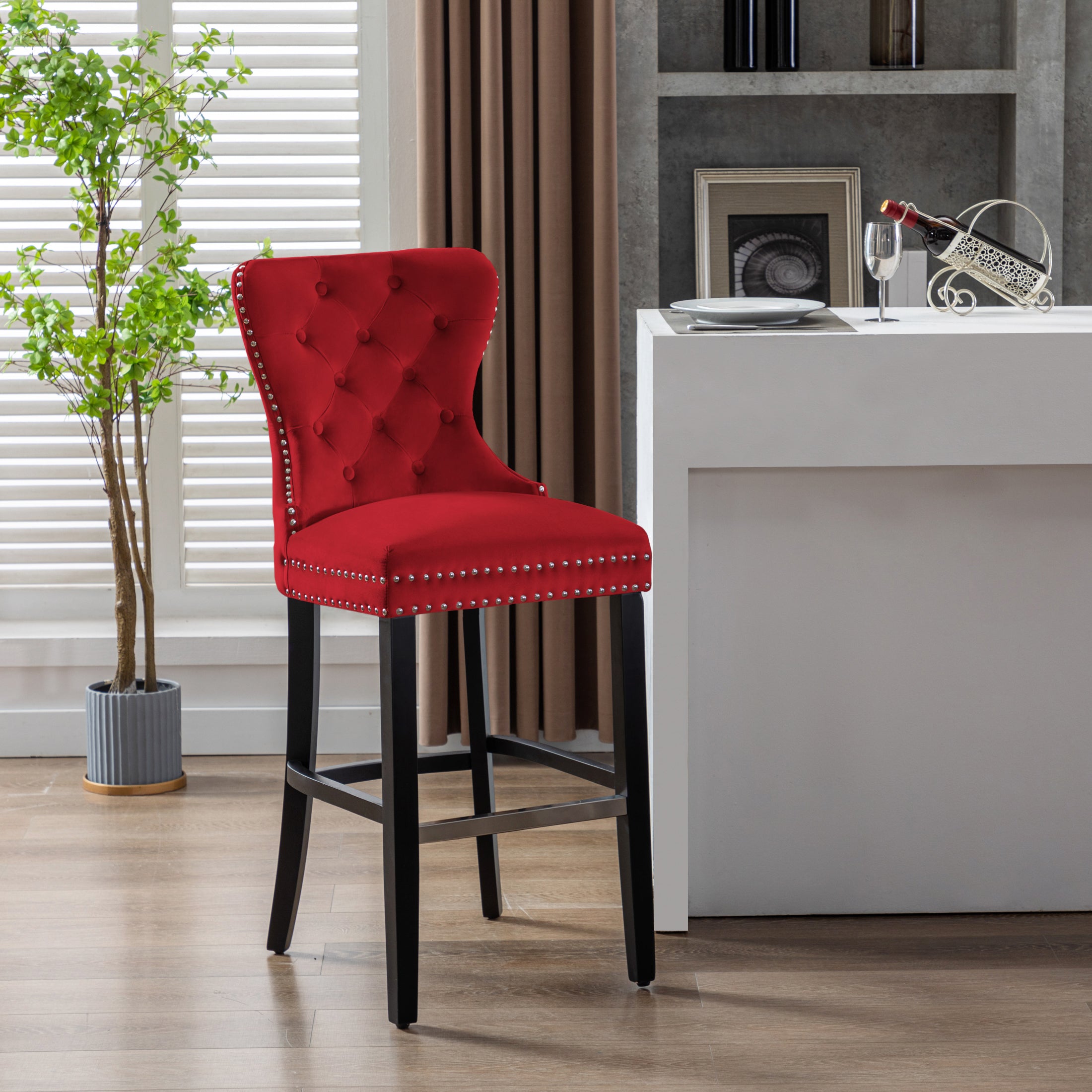 Hank 29" Tufted Velvet Bar Stool, Black