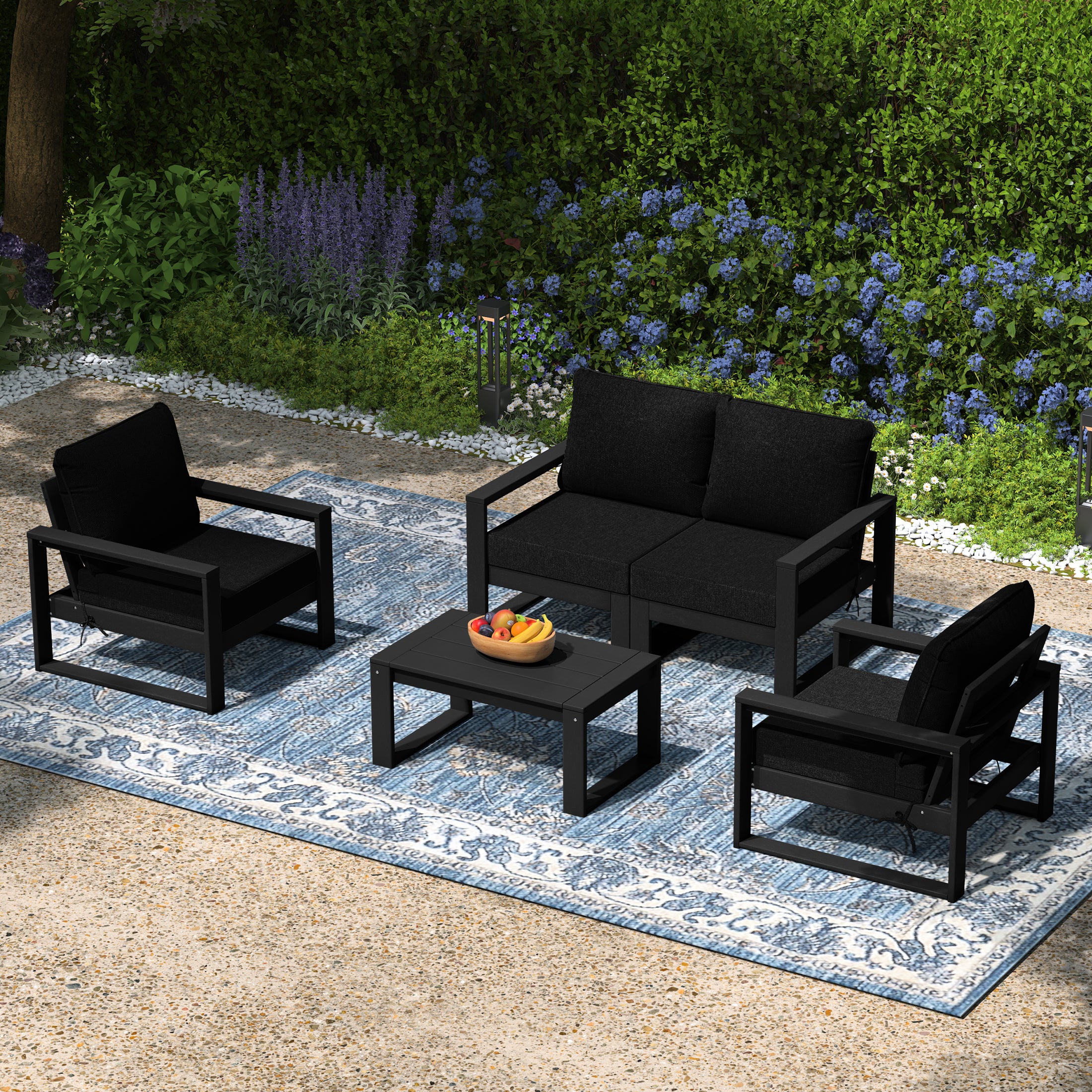 Rockaway 5-Piece Modern HDPE Outdoor Patio Furniture Sofa Conversation Set with Coffee Table