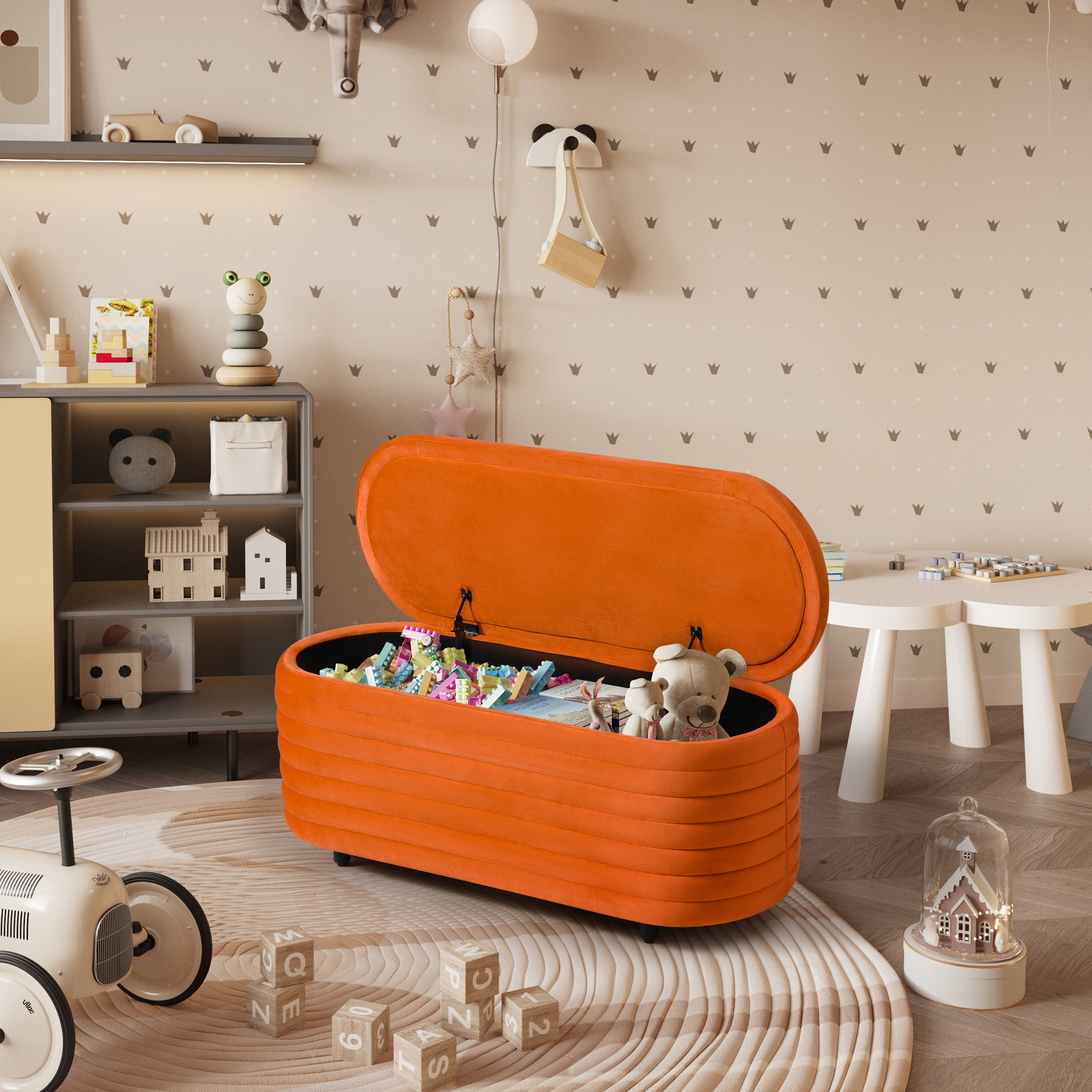 Alaia 42" Wide Mid-Century Modern Upholstered Velvet Tufted Oval Storage Ottoman Bench