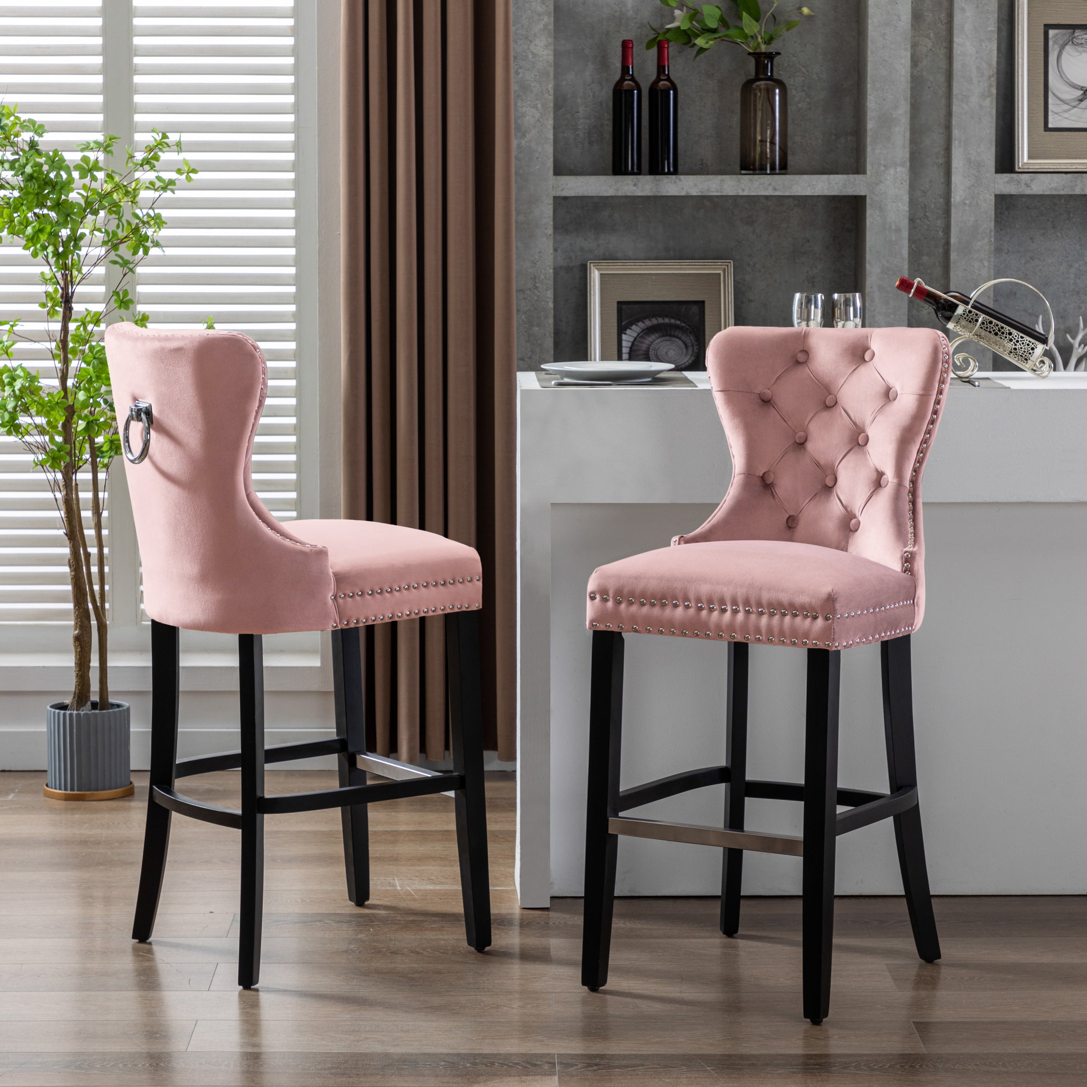 Hank 29" Tufted Velvet Bar Stool (Set of 2), Black