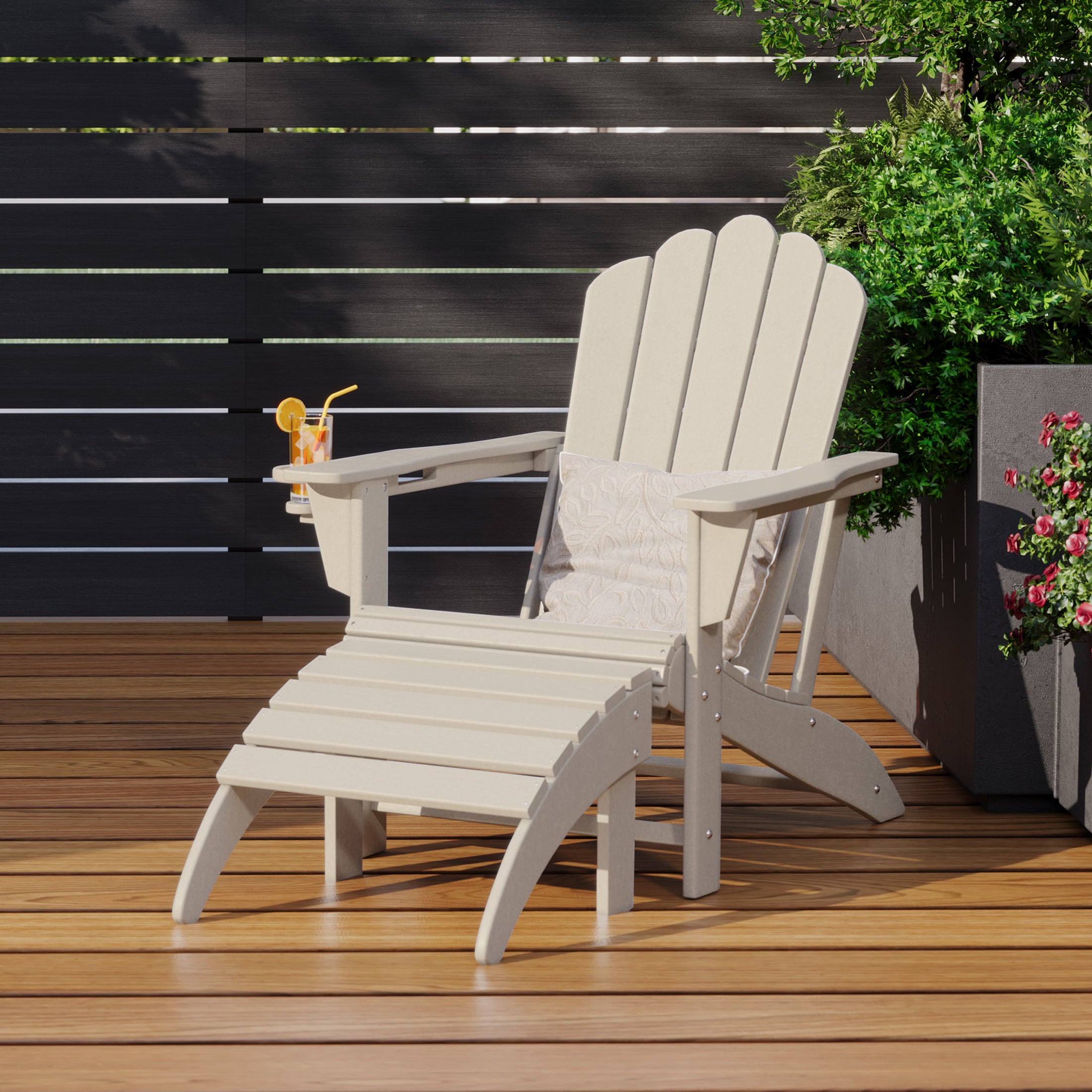 Lakeview 2-Piece Outdoor Patio HDPE Adirondack Chair With Ottoman and Cup Holder Set