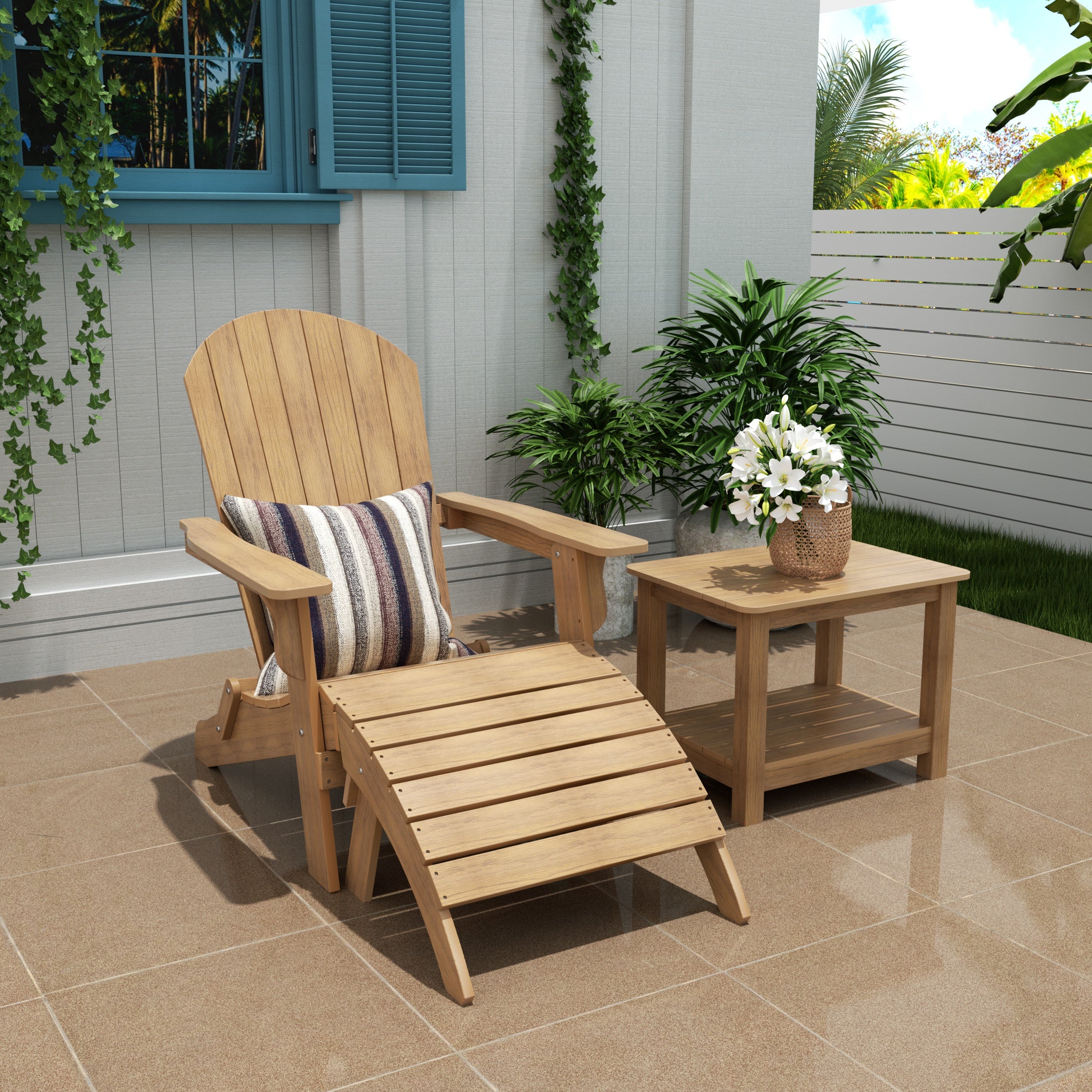 Florence 3-Piece HIPS Outdoor Folding Adirondack Seashell Chair With Folding Ottoman And Side Table
