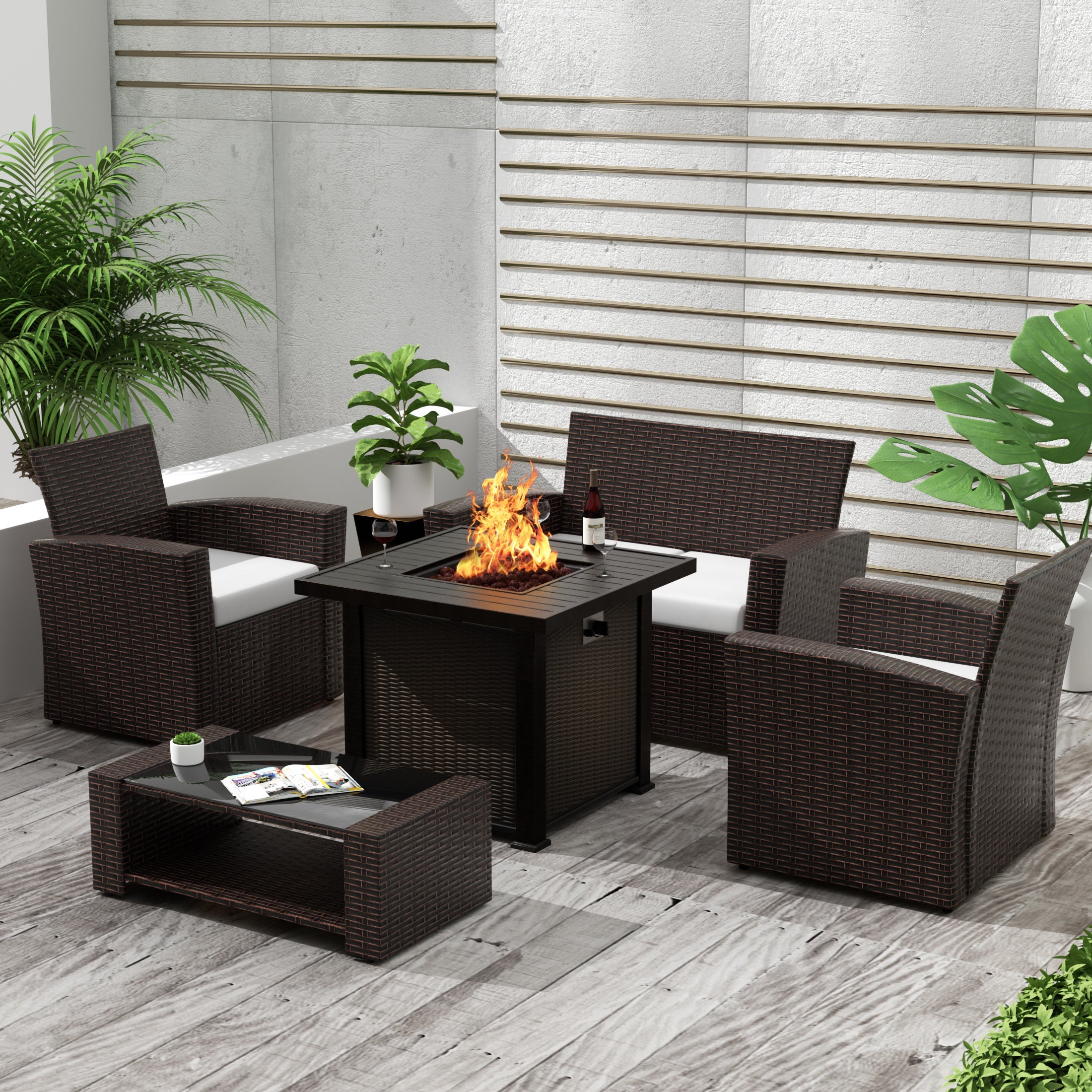 Wynston 4-Piece Conversation Outdoor Patio Sofa Set with Square Fire Pit Table, Chocolate