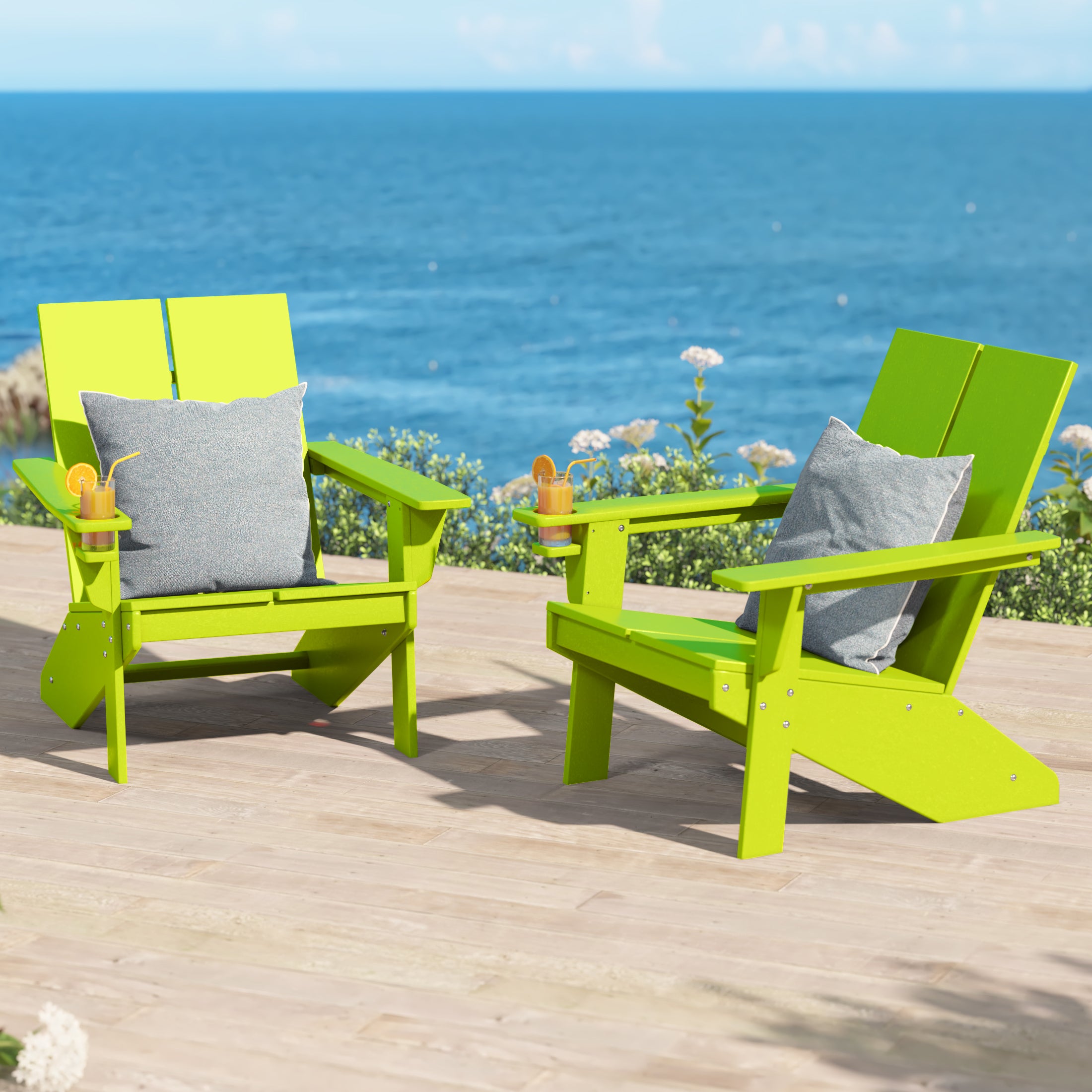 Seaview Outdoor HDPE Modern Adirondack Chair with Cup Holder (Set of 2)