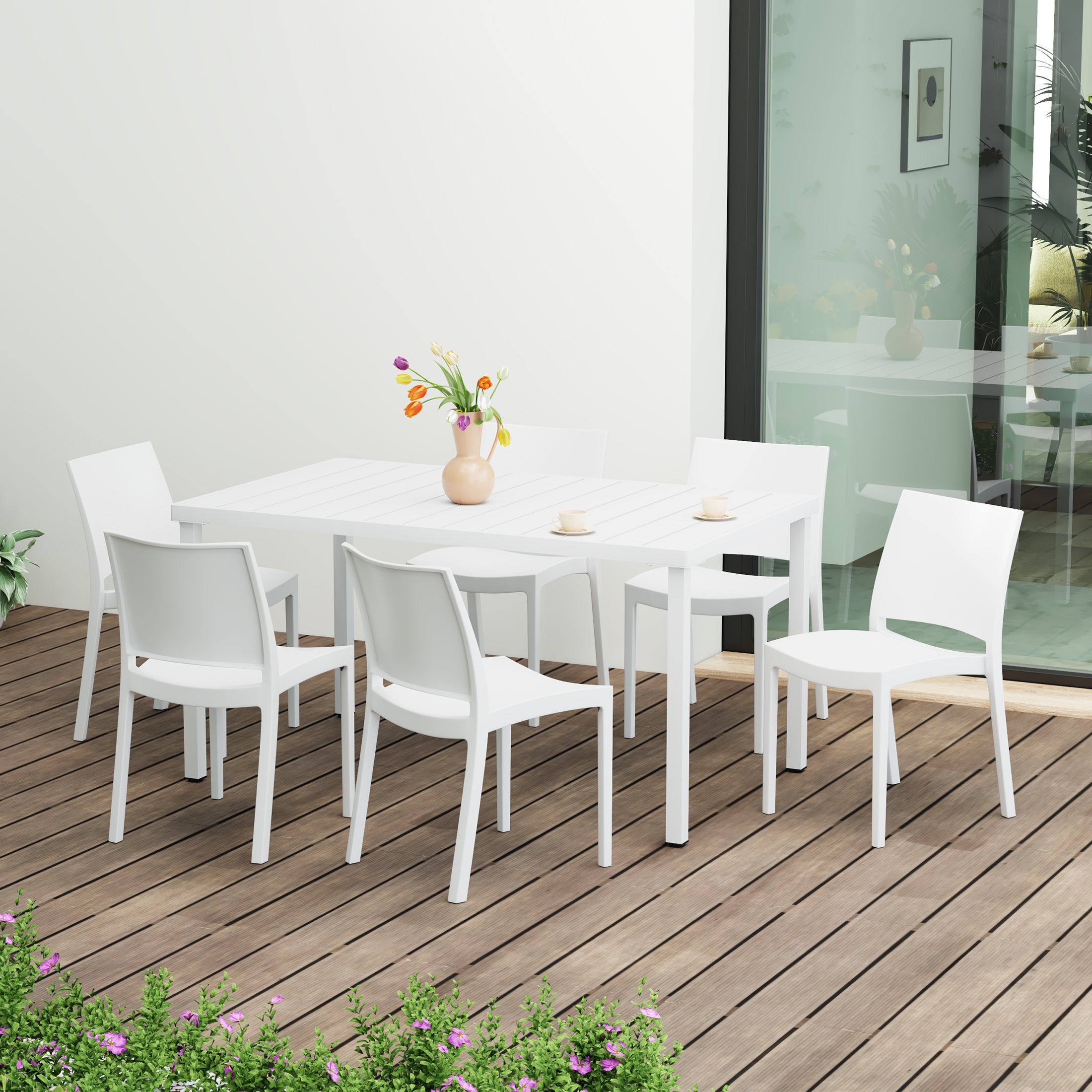 Sunshine 7-Piece Outdoor Rectangular Metal Patio Dining Table Set With Stackable Resin Patio Side Chairs