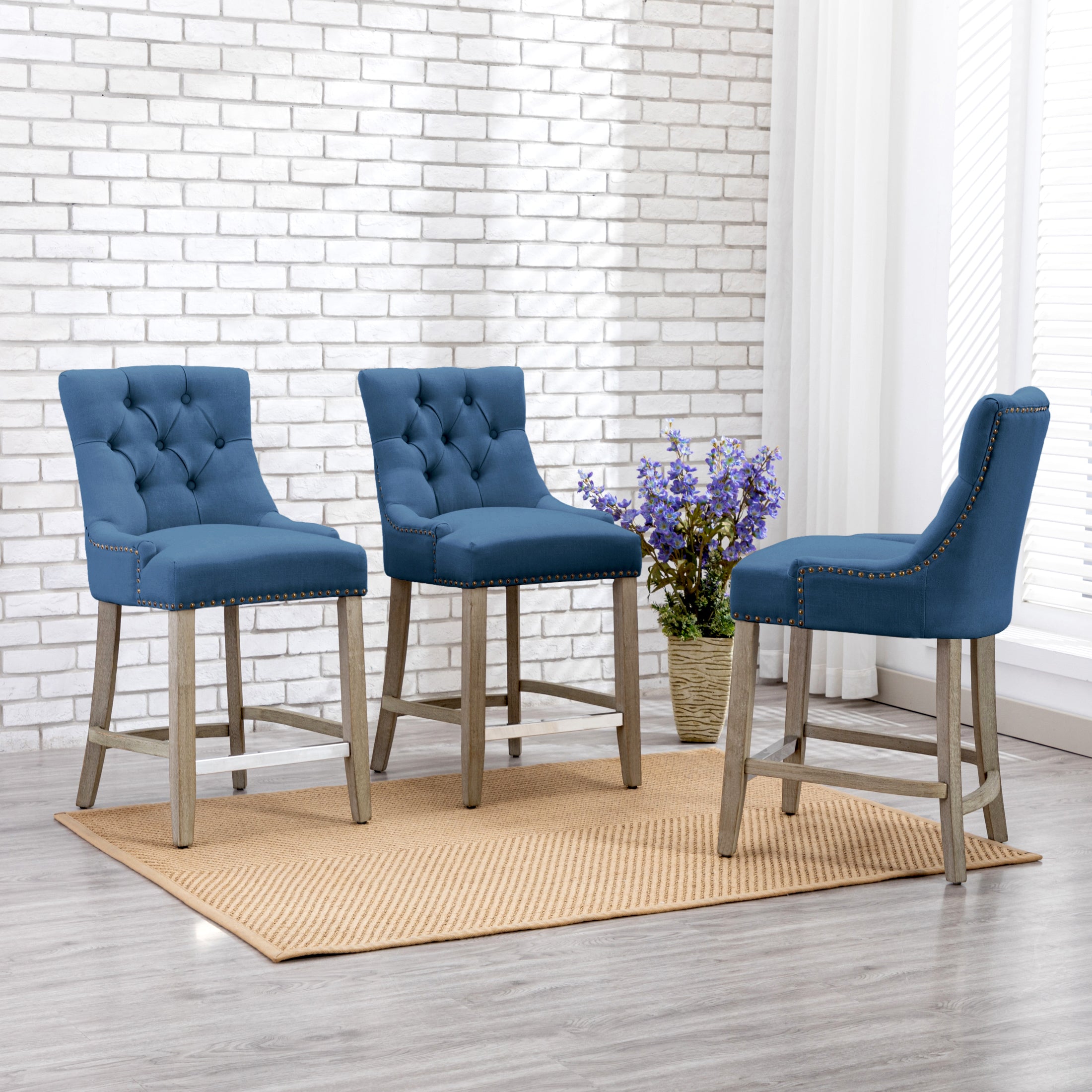 Bellmount 24" Upholstered Wood Bar Stool with Tufted Back (Set of 3)