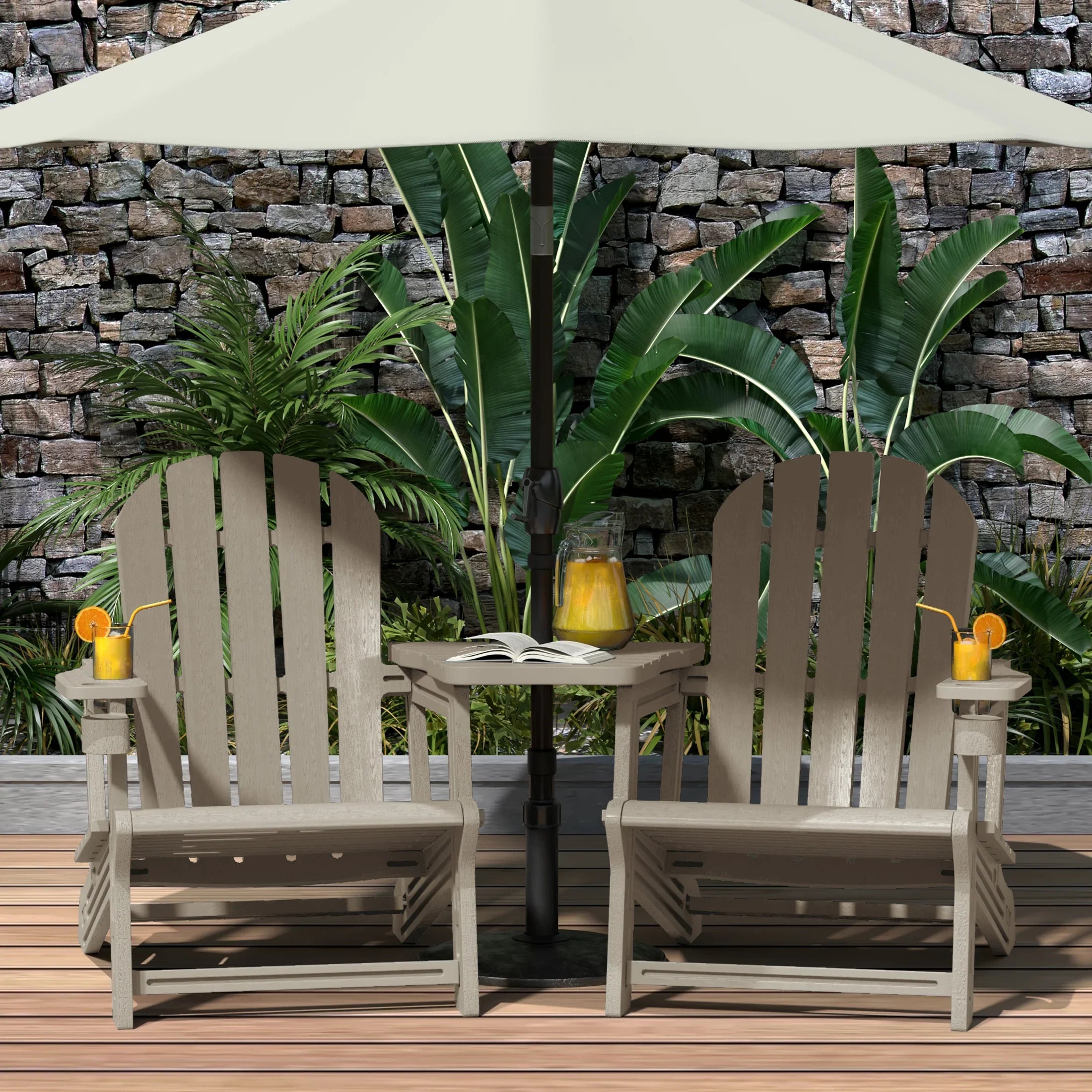 Cayman Outdoor HDPE Adirondack Chairs With Connecting Table Tray (Set