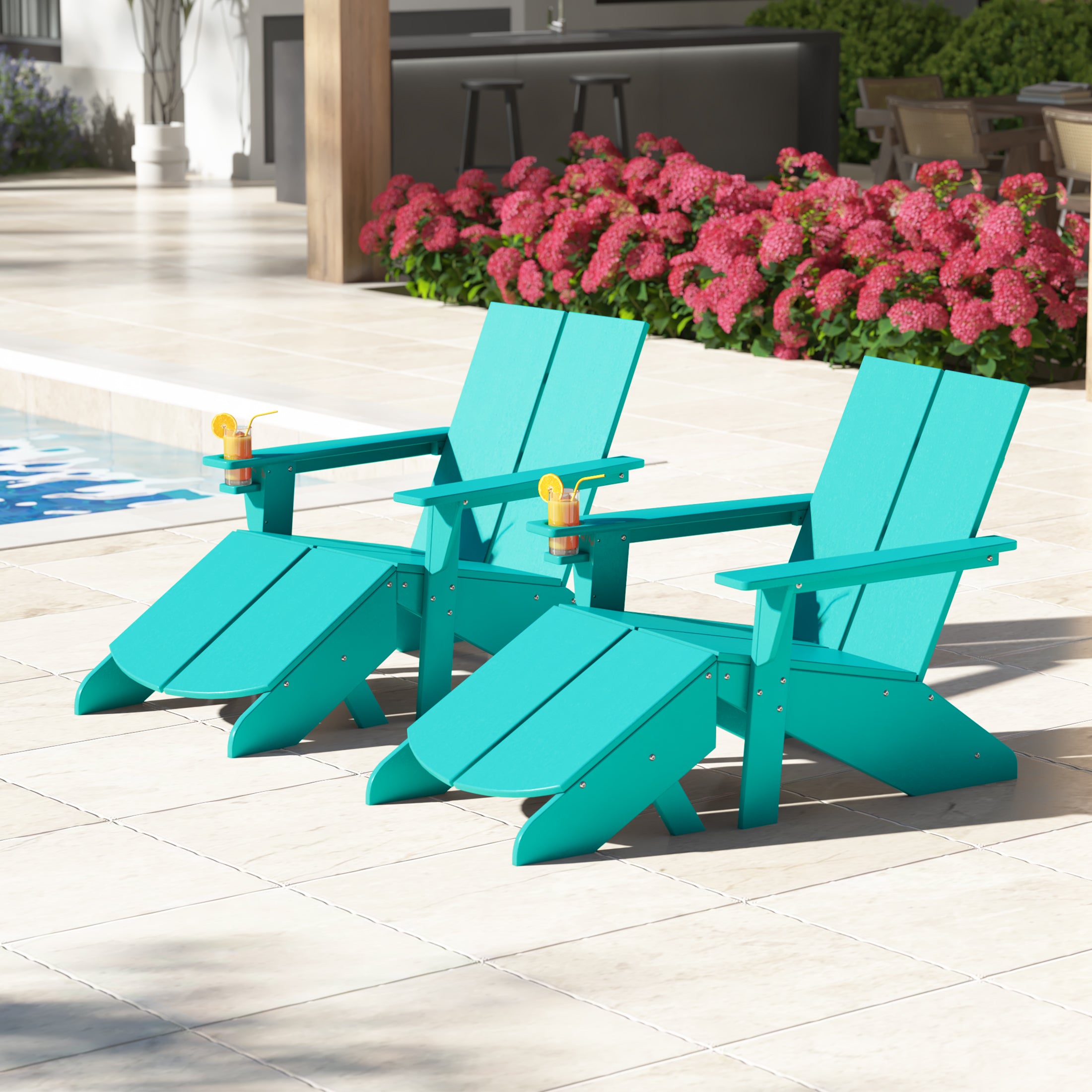 Seaview Outdoor 4-Piece HDPE Modern Adirondack Chairs Set with Folding Patio Ottomans and Cup Holder