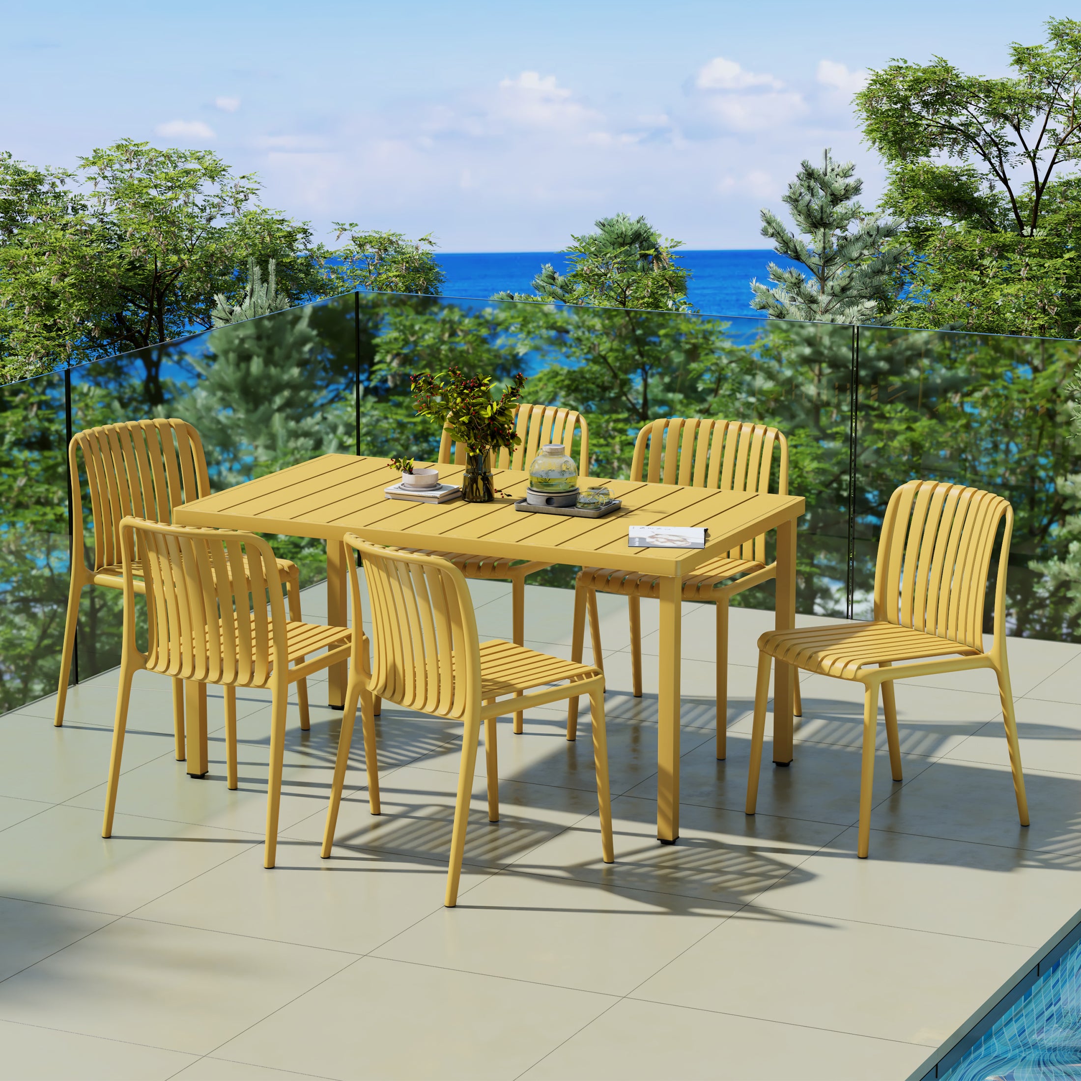 Sunshine 7-Piece Outdoor Patio Dining Table Set With Stackable Patio Chairs