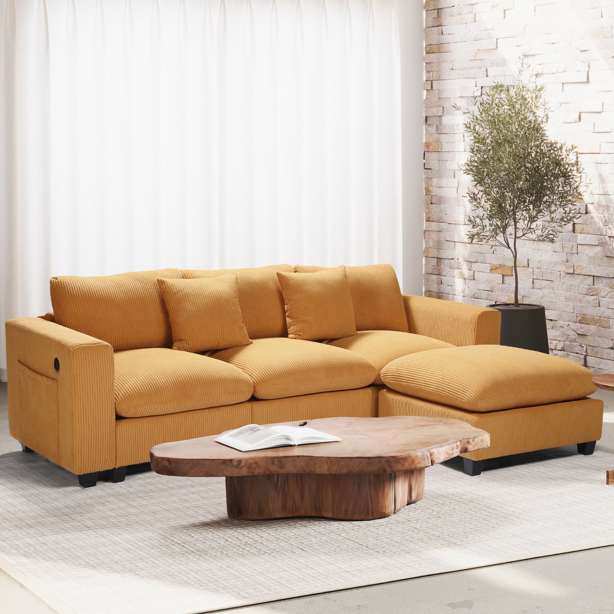 Ava 99" Modular Corduroy L-Shaped Sectional Sofa and Chaise With USB/Type-C Ports and Side Pockets