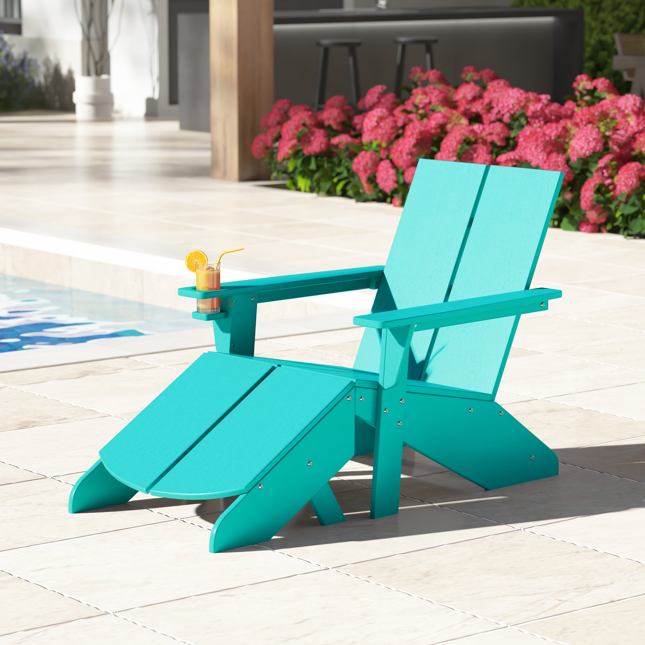 Seaview Outdoor HDPE Modern Adirondack Chair with Folding Patio Ottoman and Cup Holder