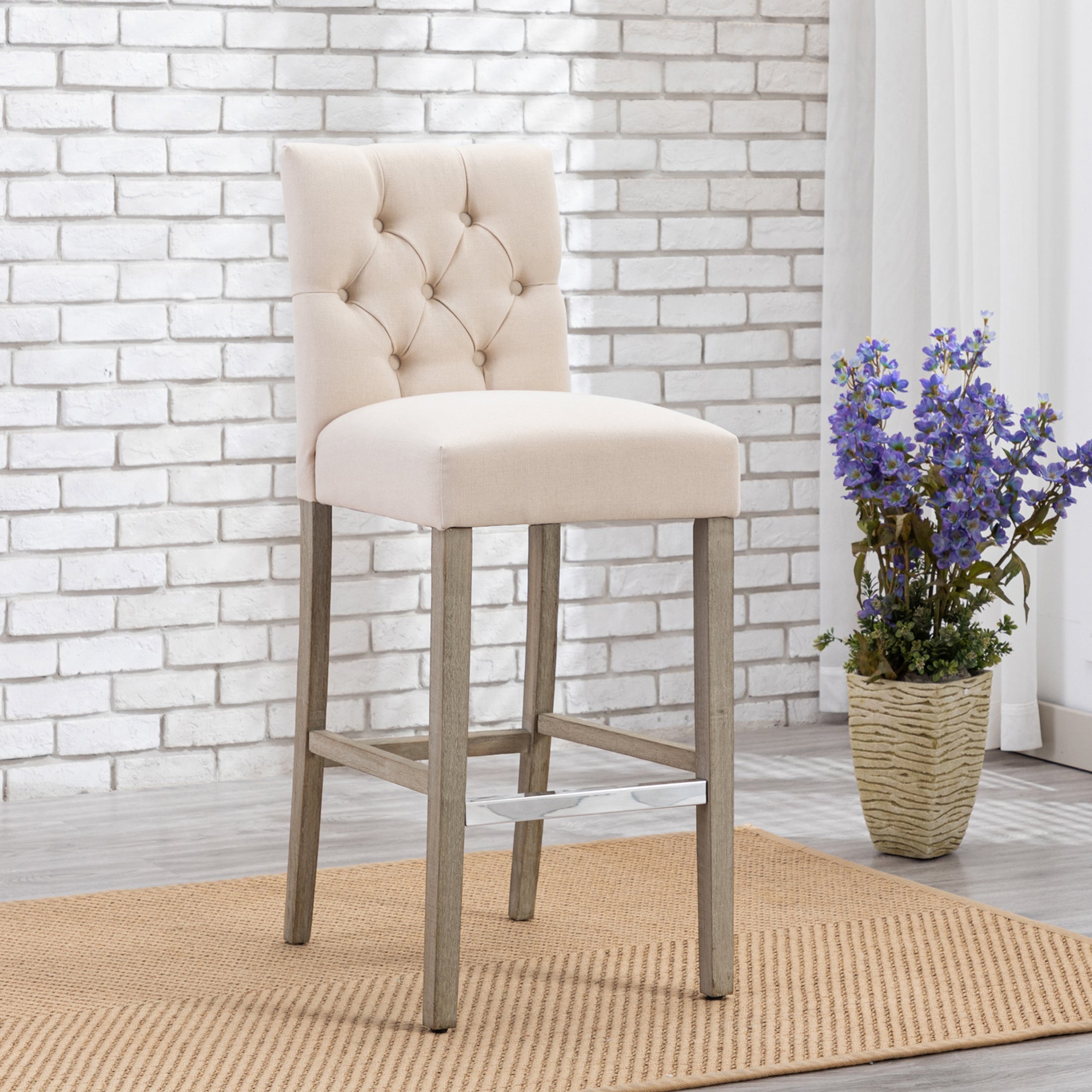 Bellmount 29" Linen Fabric Tufted Bar Stool,Antique Gray