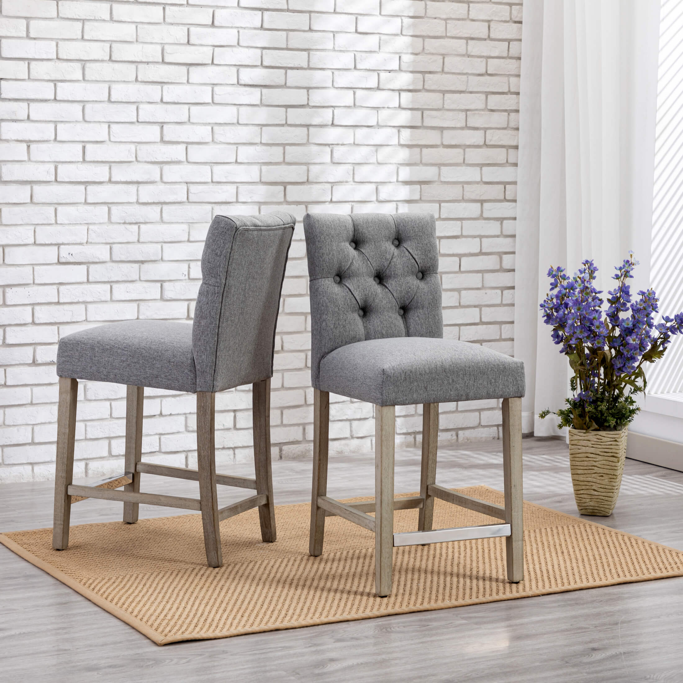 Bellmount 24" Linen Fabric Tufted Counter Stool (Set of 2),Antique Gray