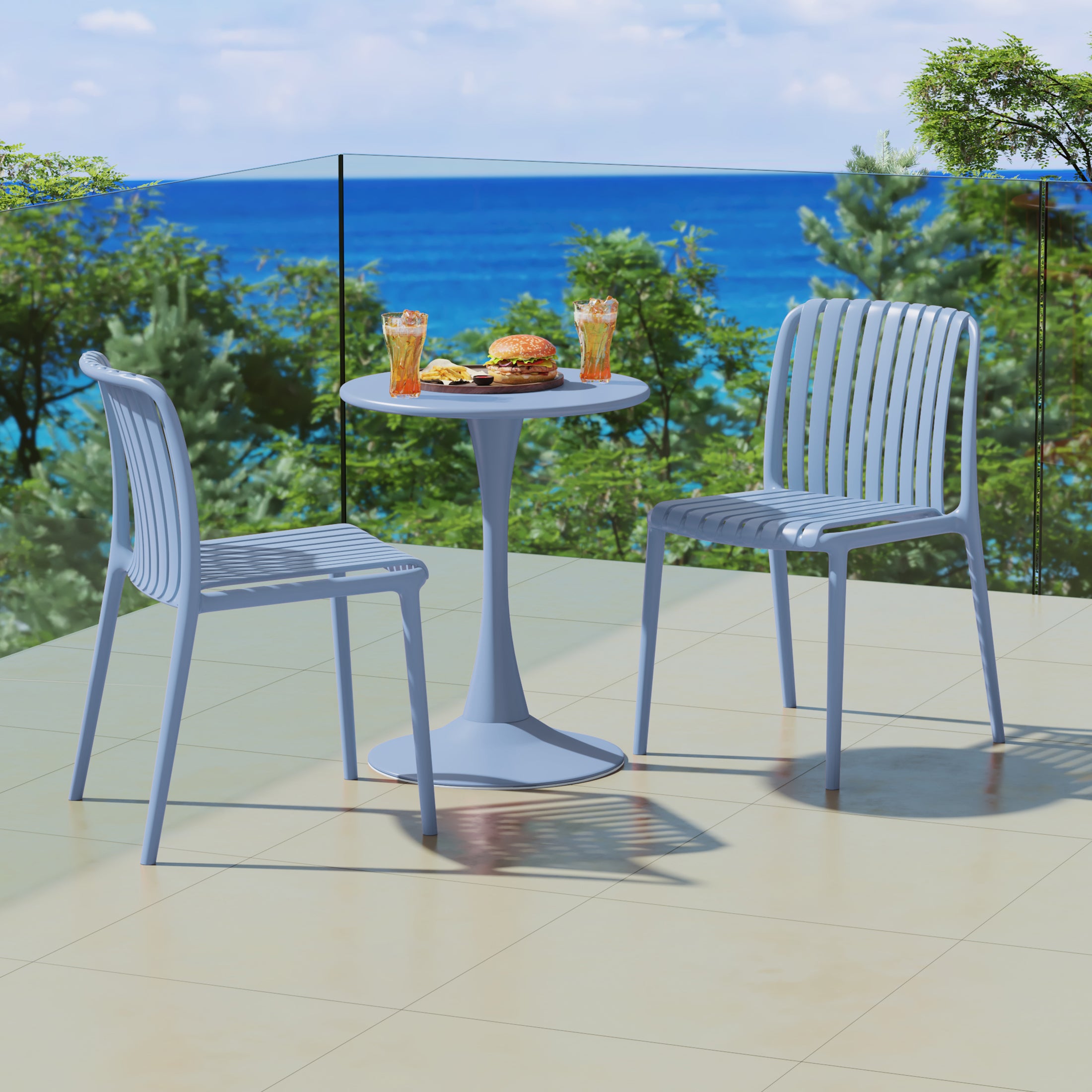 Sunshine 3-Piece Outdoor Metal Dining Table Set And Stackable Resin Patio Chairs