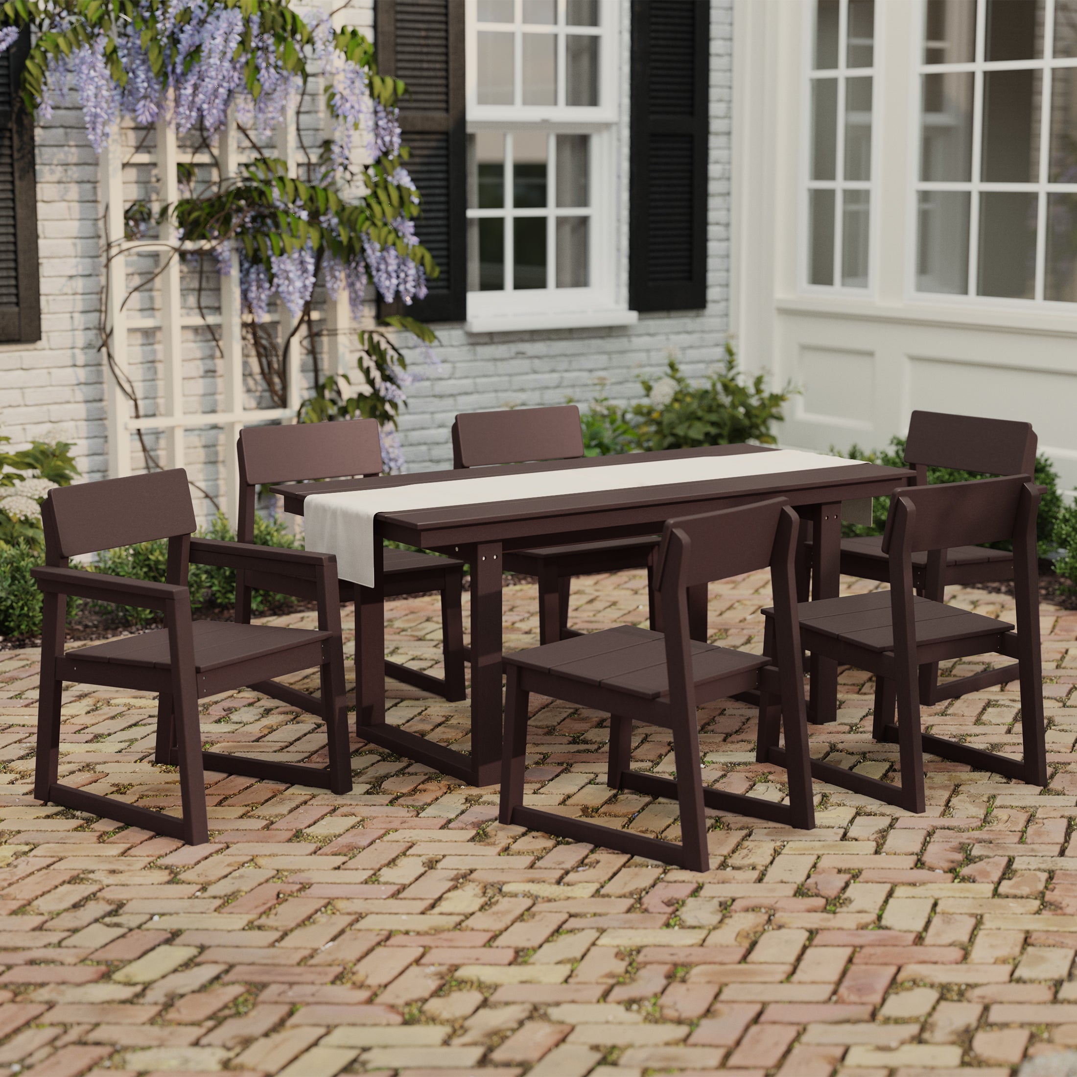 Cambria 7-Piece Modern HDPE Outdoor Patio Dining Table Set With Umbrella Hole