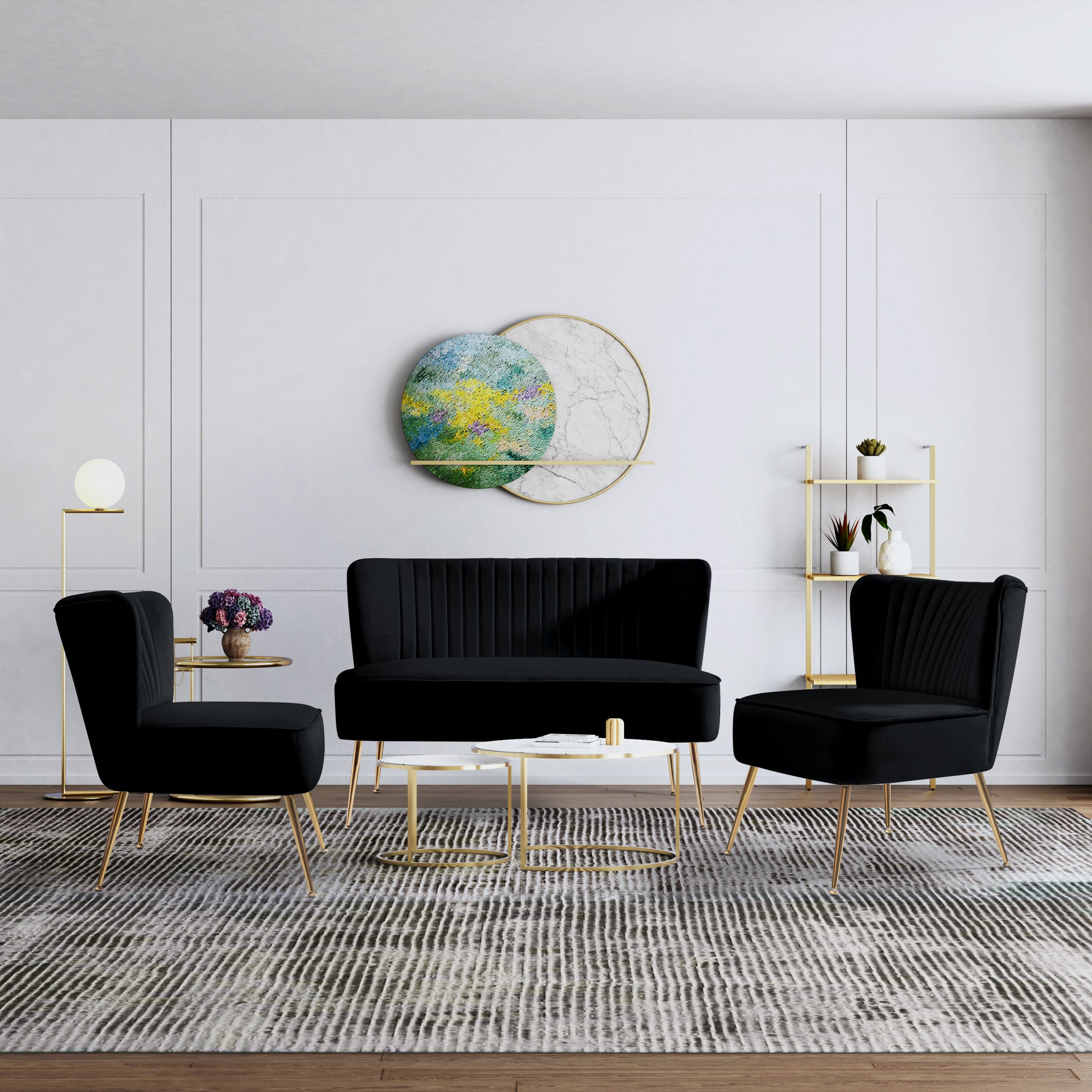 Alaia Mid Century Modern Tufted Velvet Loveseat Sofa and 25" Accent Chair 3-Piece Set