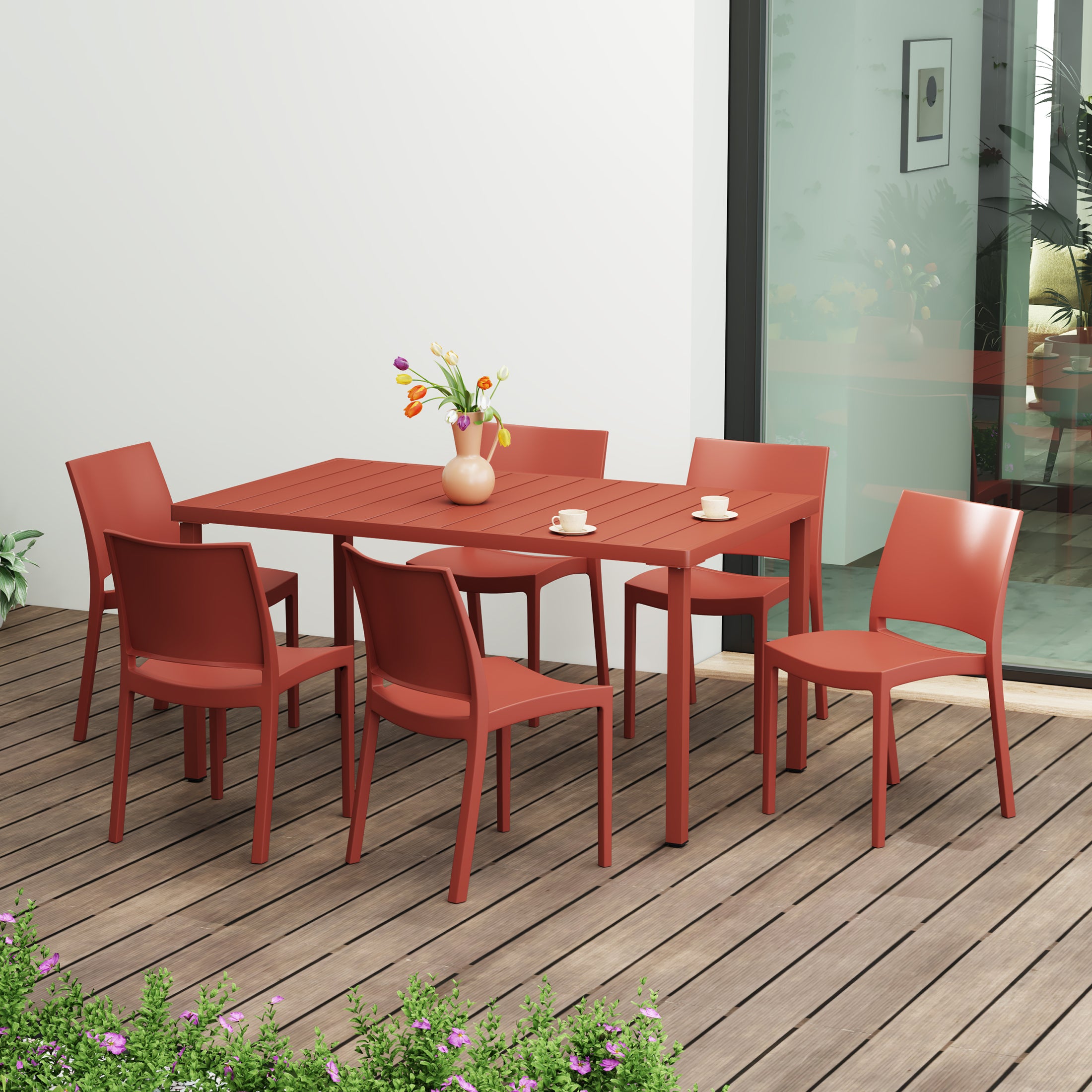 Sunshine 7-Piece Outdoor Rectangular Metal Patio Dining Table Set With Stackable Resin Patio Side Chairs