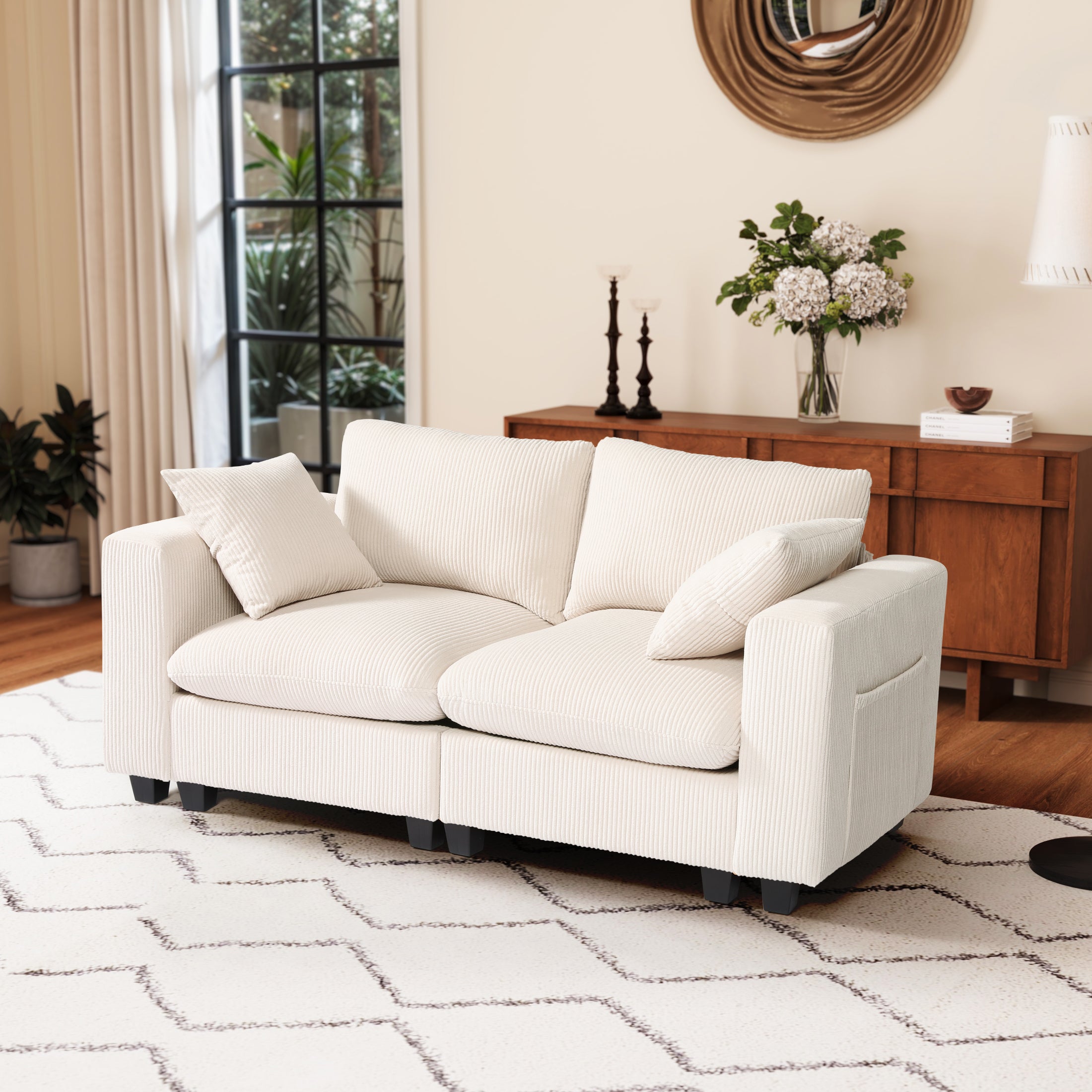 Ava 70" Modular Corduroy Loveseat Sofa With USB/Type-C Ports and Side Pockets