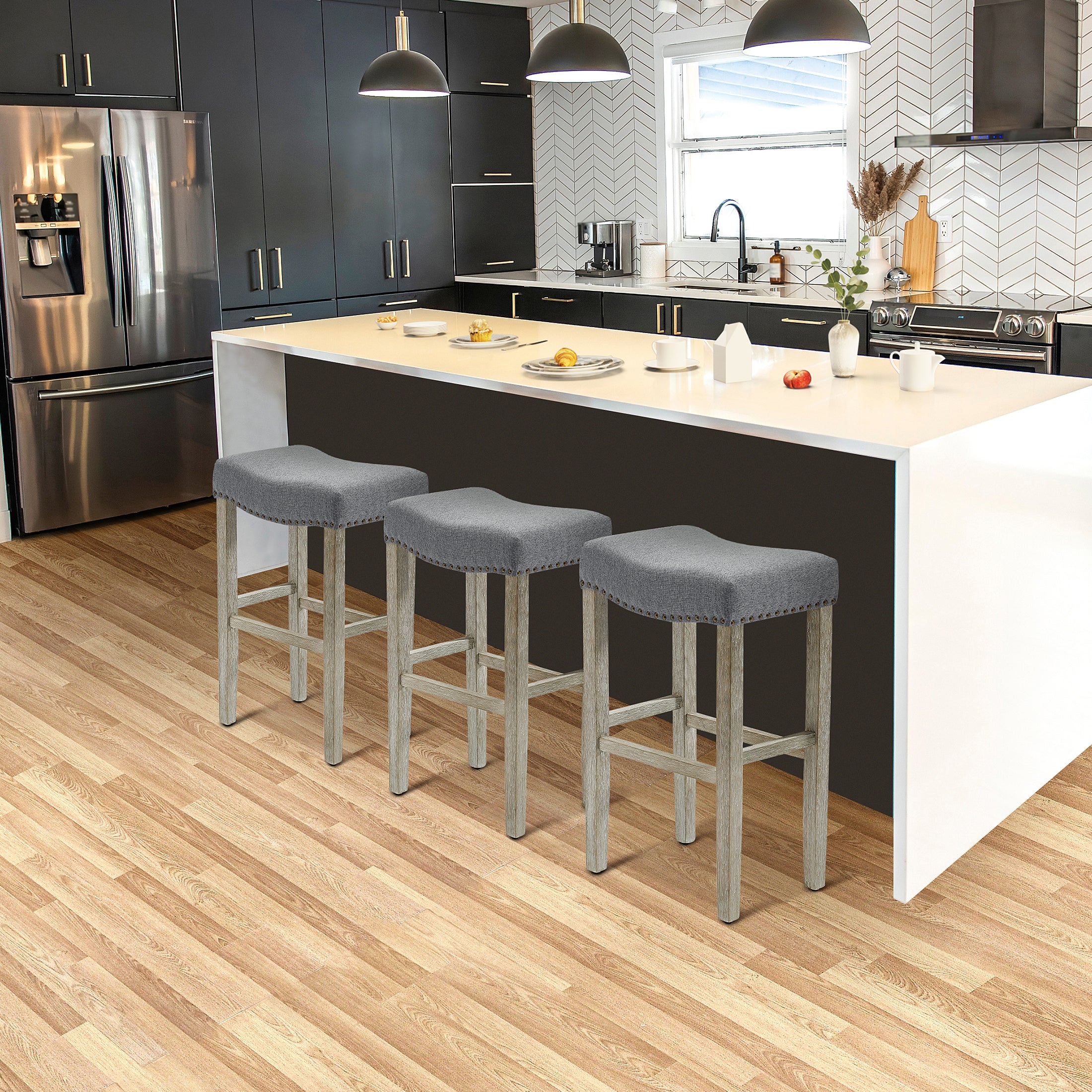 Bulmon 29" Upholstered Saddle Seat Antique Gray Counter Stool (Set of 3)