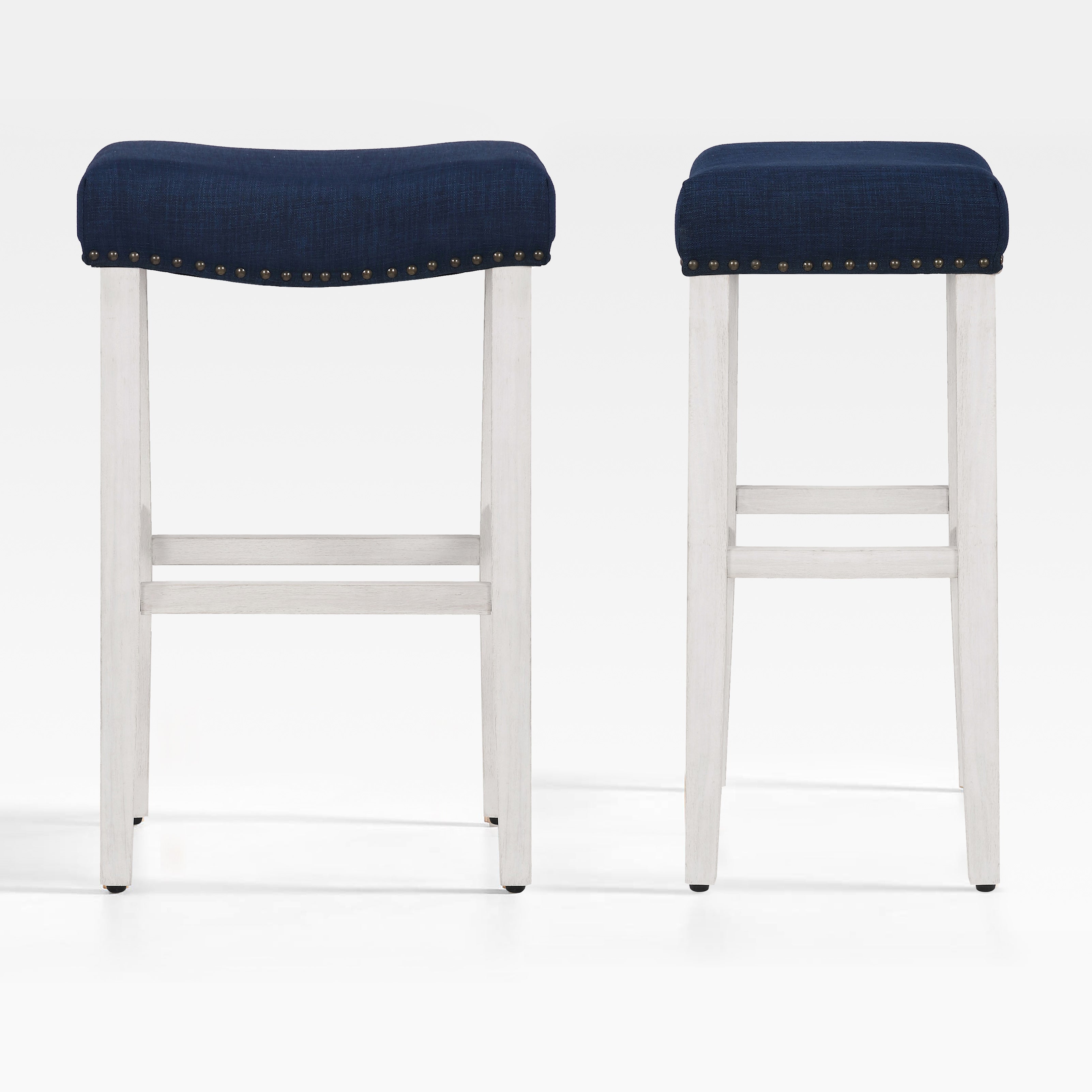 Bulmon 29" upholstered nail head bar counter stools with Antique White color legs (2 piece set)