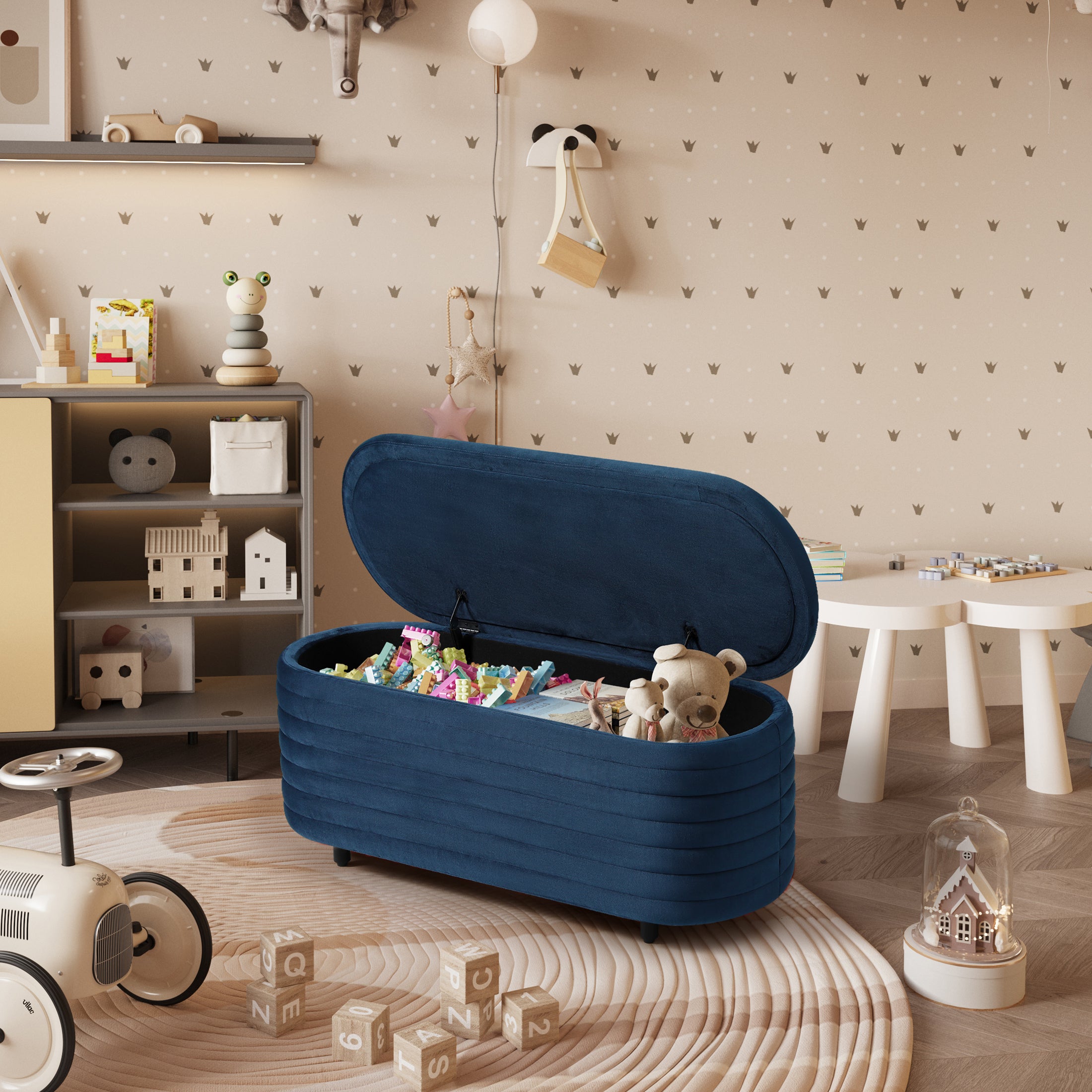 Alaia 42" Wide Mid-Century Modern Upholstered Velvet Tufted Oval Storage Ottoman Bench