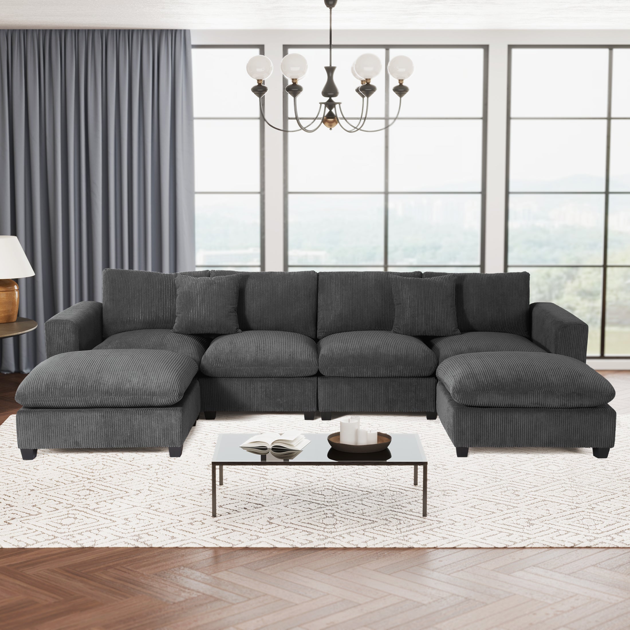 Ava 128" Corduroy Modular U-Shaped Sectional Couch and Chaise With USB/Type-C Ports and Side Pockets