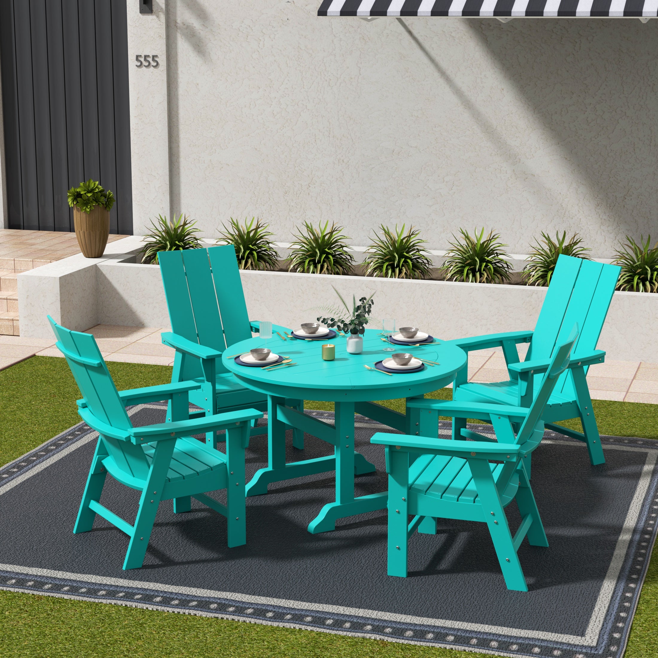 Palms 5 Piece Outdoor Patio Dining Round Table and Modern Armchair Set