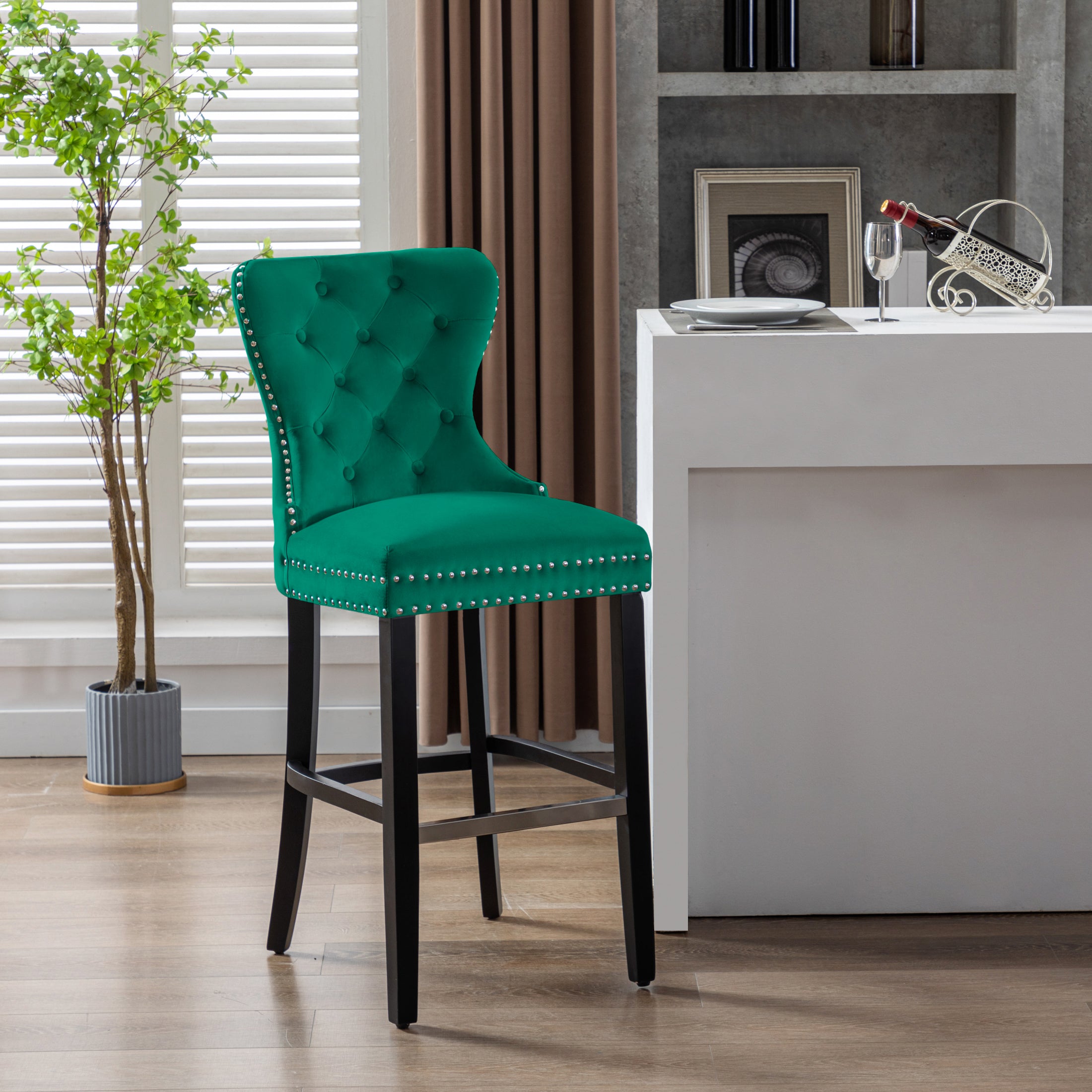 Hank 29" Tufted Velvet Bar Stool, Black