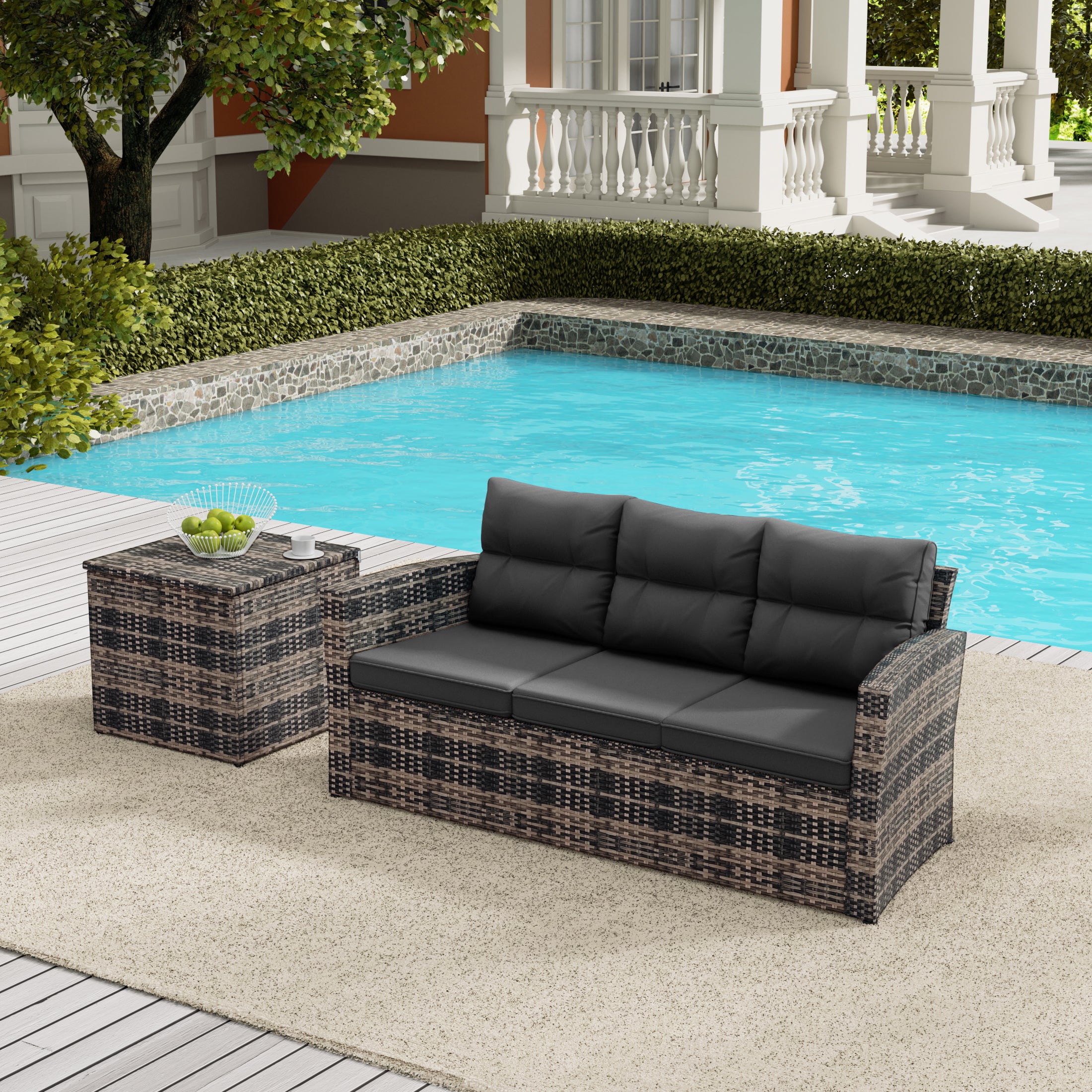 Maldives 2-Piece PE Rattan Wicker Outdoor Sofa with Cushions Side Table Set